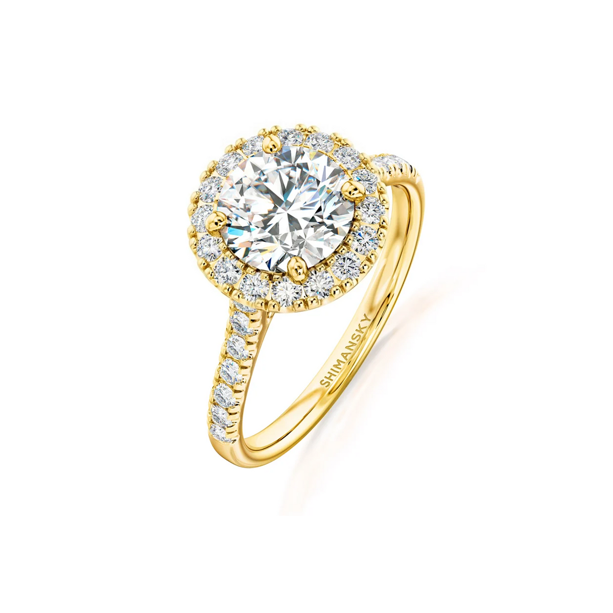Shimansky Round Diamond Microset Halo Engagement Ring 18K Yellow Gold - 3D View #Metal_Yellow Gold  #Carat Weight_1.5 #card-first