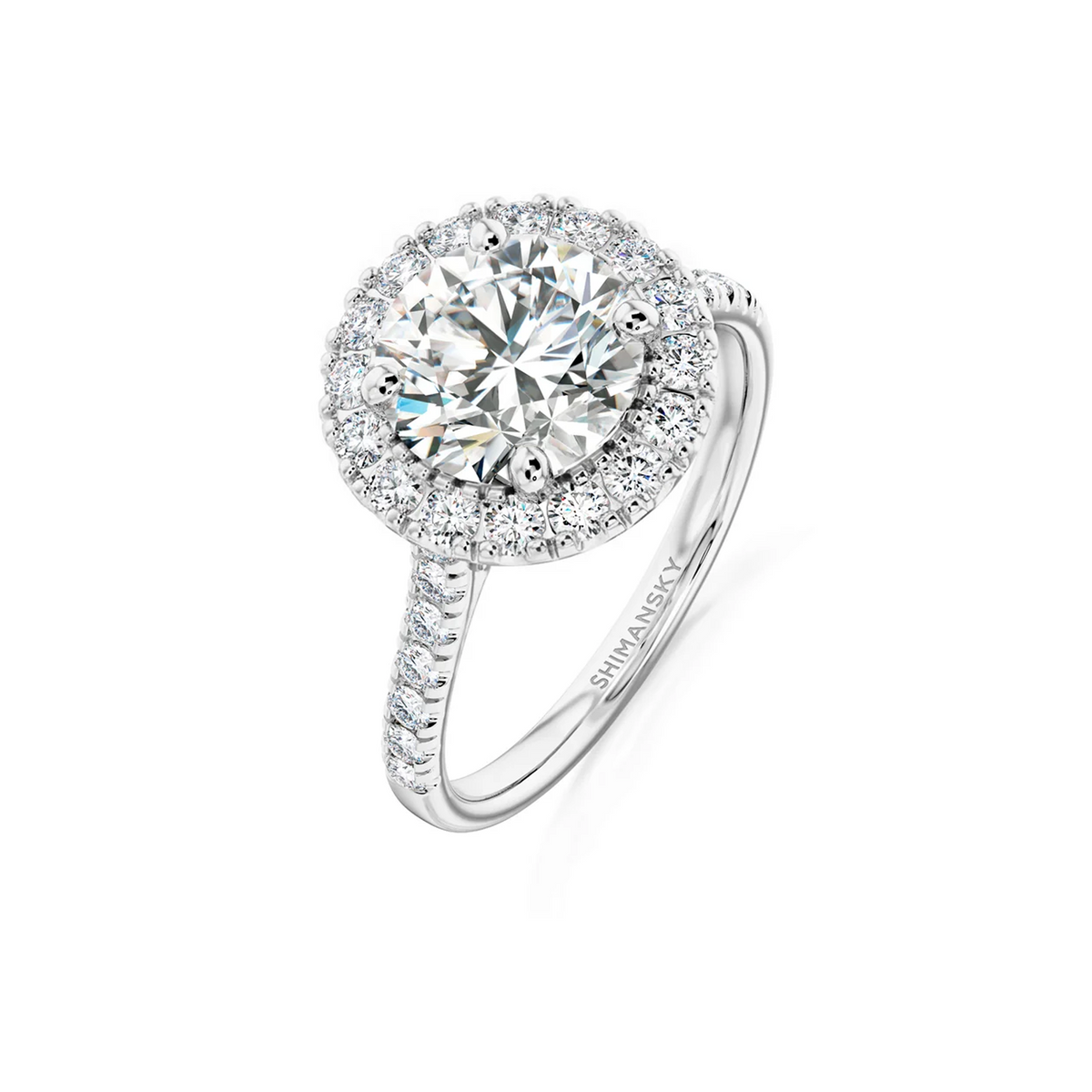 Shimansky Round Diamond Microset Halo Engagement Ring Platinum - 3D View #Metal_Platinum #Carat Weight_2 #card-first