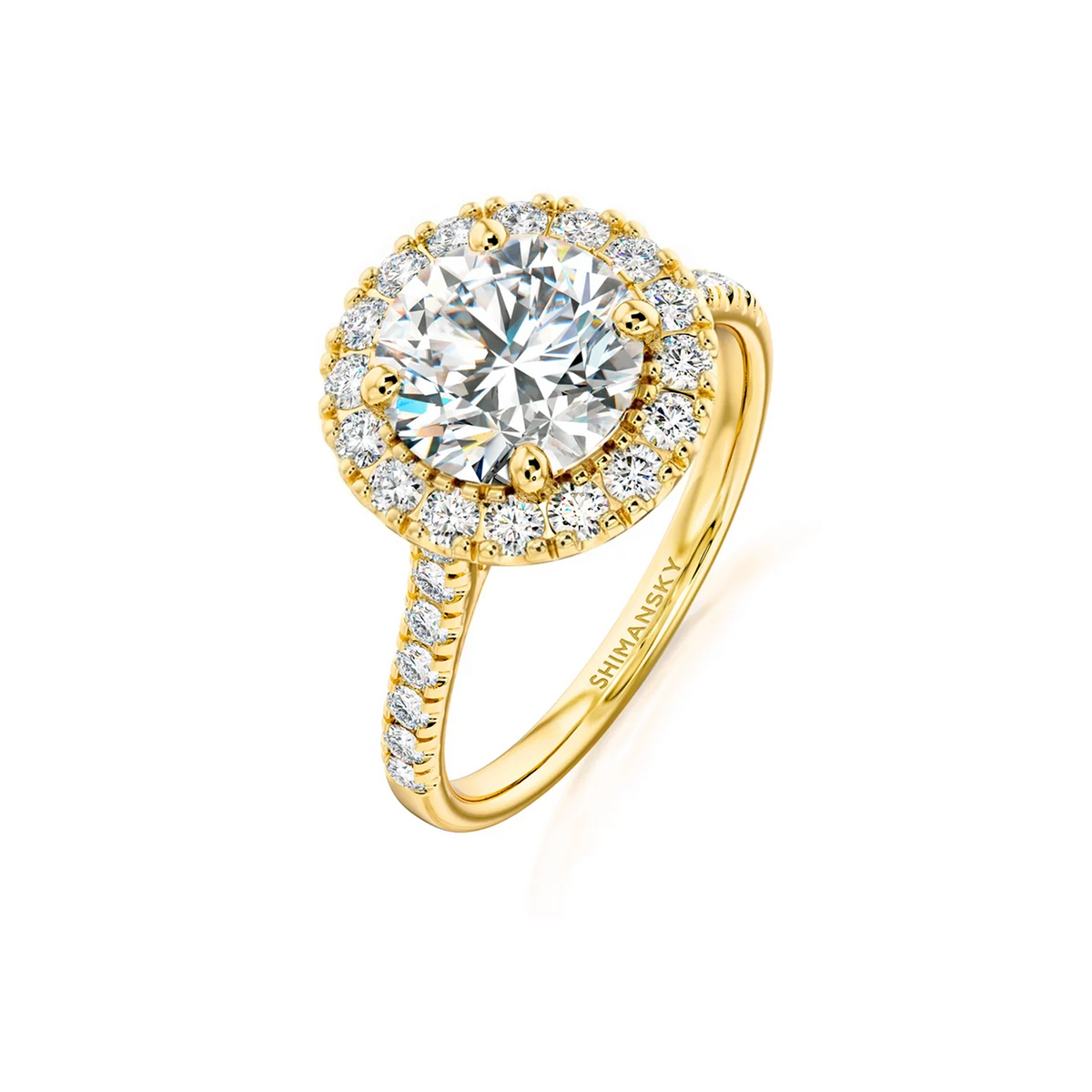 Shimansky Round Diamond Microset Halo Engagement Ring 18K Yellow Gold - 3D View #Metal_Yellow Gold  #Carat Weight_2 #card-first