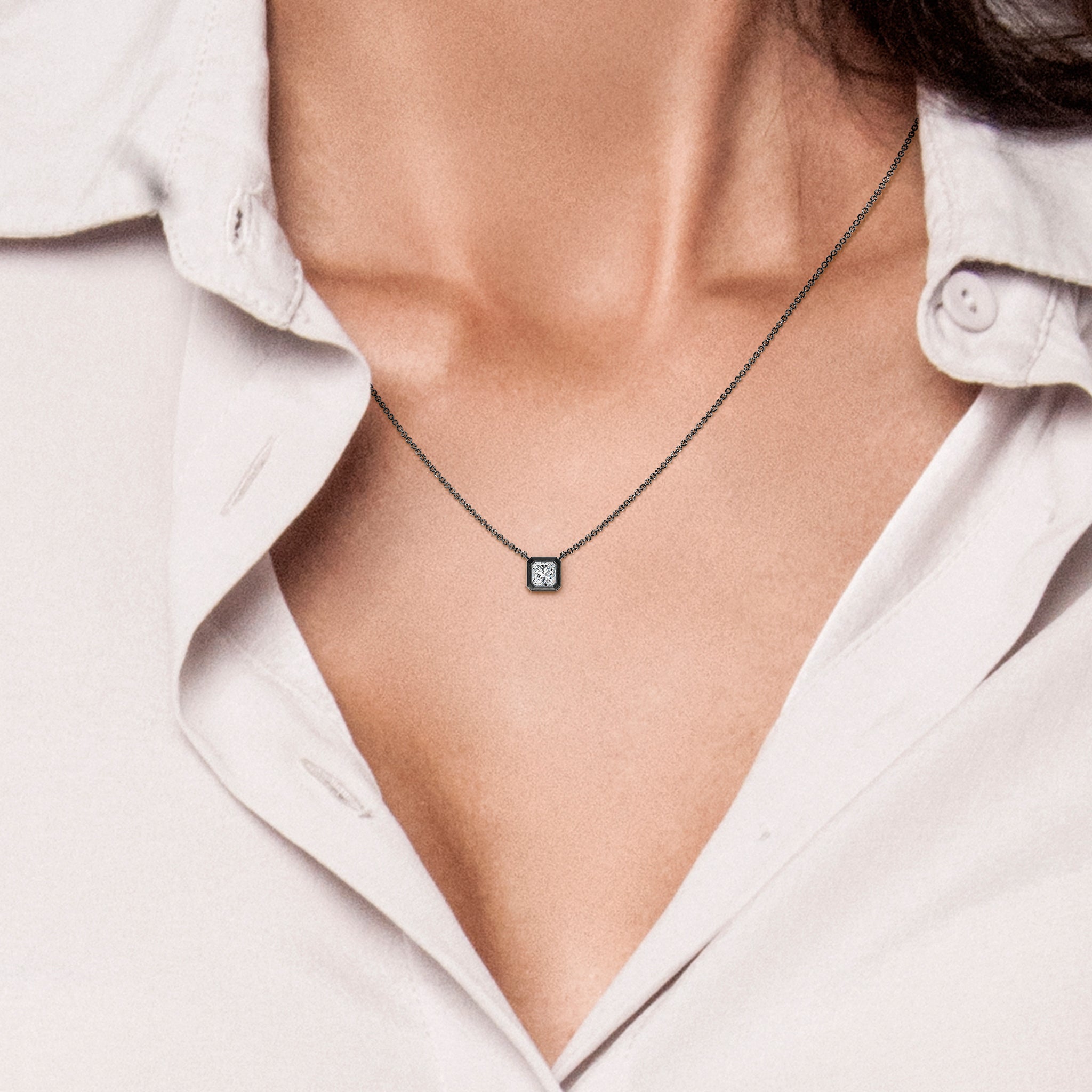  SHIMANSKY.CO.ZA -  My Girl Diamond Solitaire Tube Set Necklace - Brushed Black Rhodium - 14K White Gold - Model View