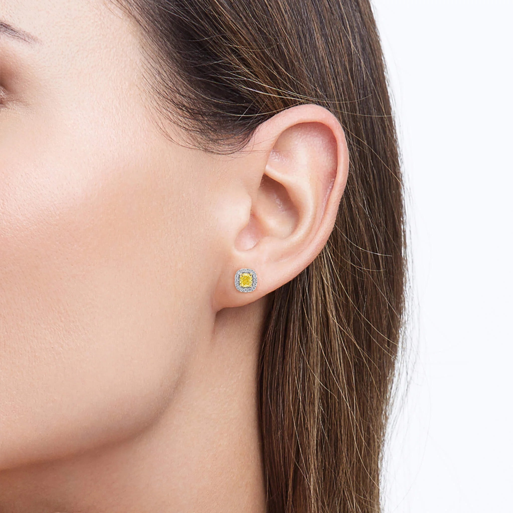 Shimansky 1.26 TCW Fancy Yellow Diamond Halo Earrings in 18K White & Yellow Gold Model View