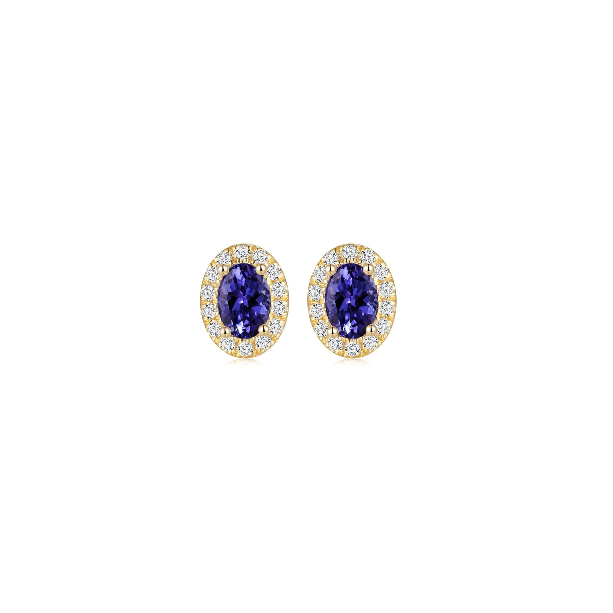 Shimansky 1 TCW Oval Tanzanite Halo Stud Earrings in 14K Yellow Gold Front View