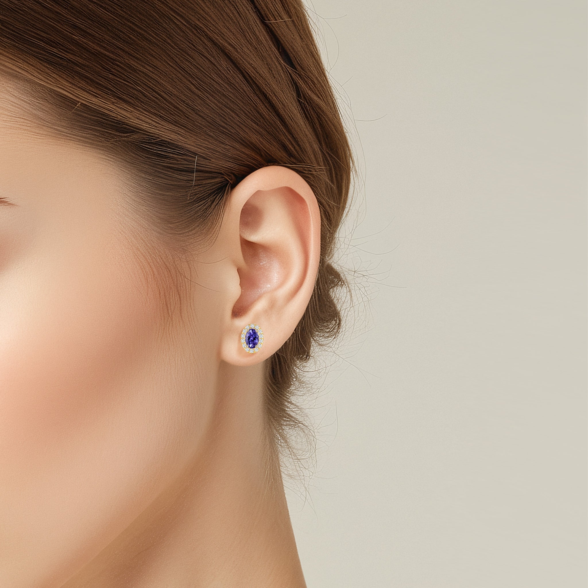 Shimansky 1 TCW Oval Tanzanite Halo Stud Earrings in 14K Yellow Gold Model View