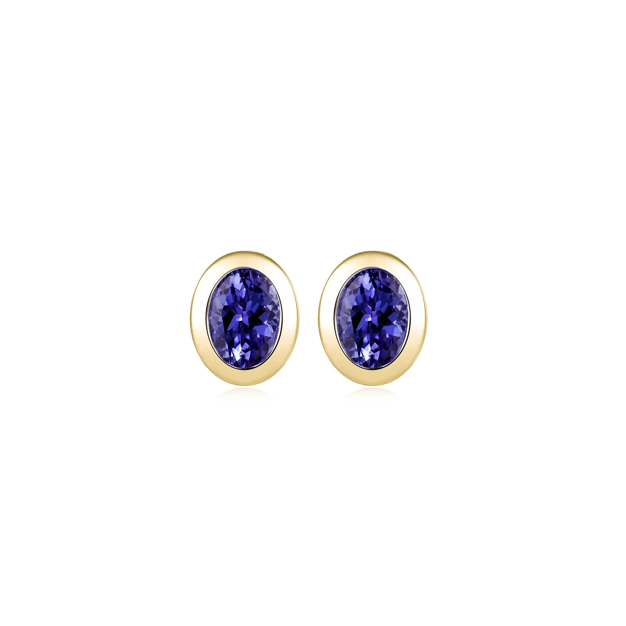 Shimansky 2.2 TCW Oval Tanzanite Bezel Stud Earrings in 14K Yellow Gold Front View