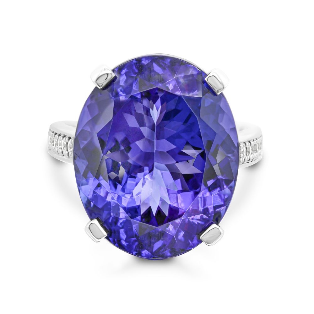Shimansky 20 Carat Oval Tanzanite & Diamond Dress Ring in 18K White Gold - Front View