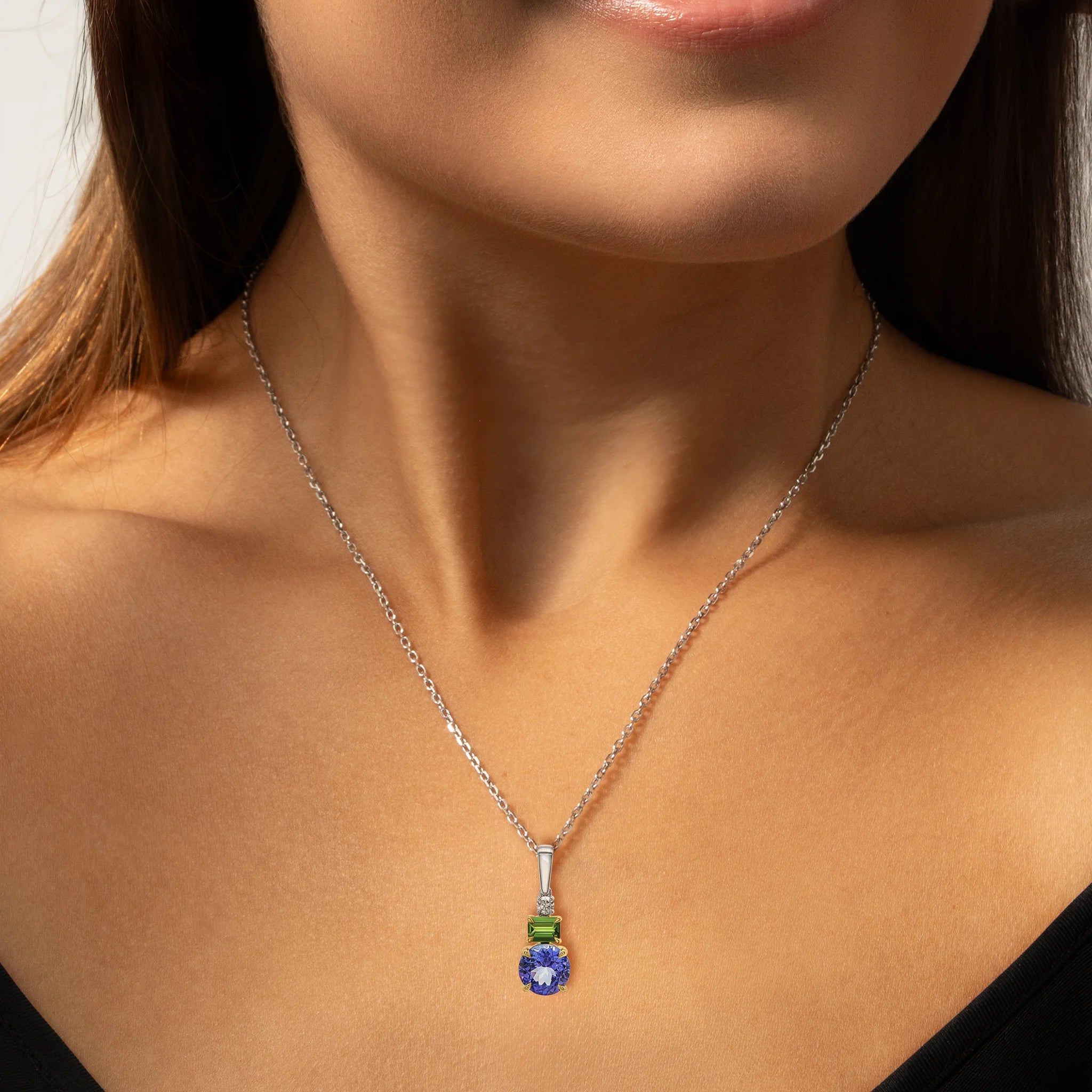 Shimansky 2ct Tanzanite & Tsavorite Drop Pendant 14K White & Yellow Gold Model View