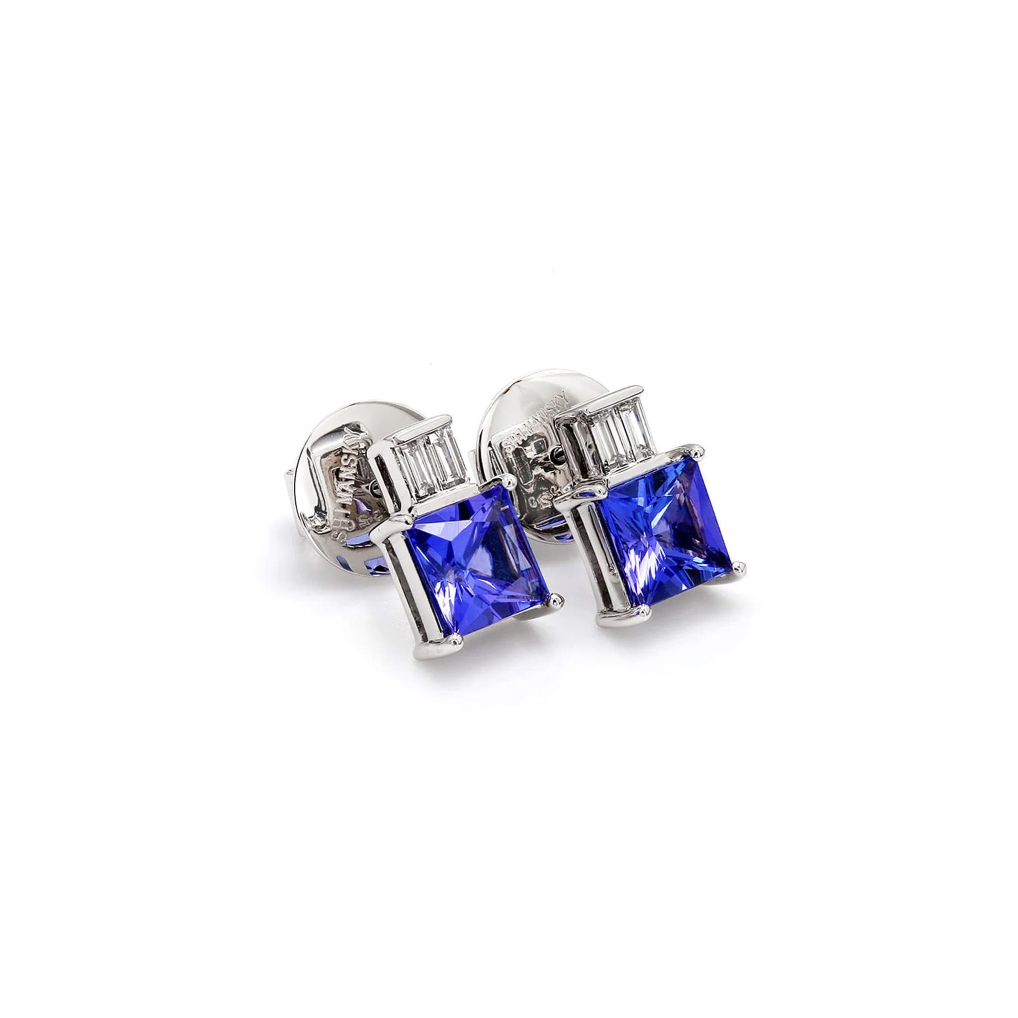 Shimansky 3.2 TCW Princess Tanzanite & Baguette Diamond Earrings in 18K White Gold 3D View