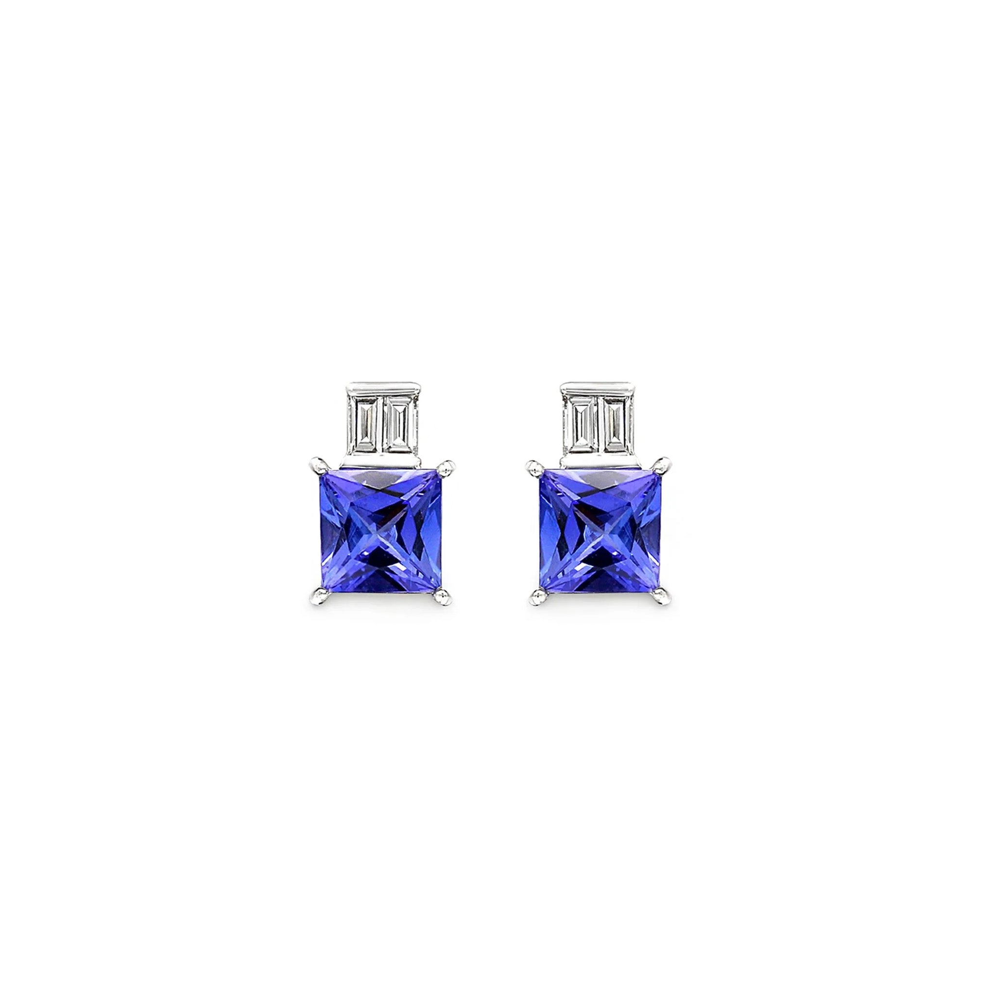 Shimansky 3.2 TCW Princess Tanzanite & Baguette Diamond Earrings in 18K White Gold Front View