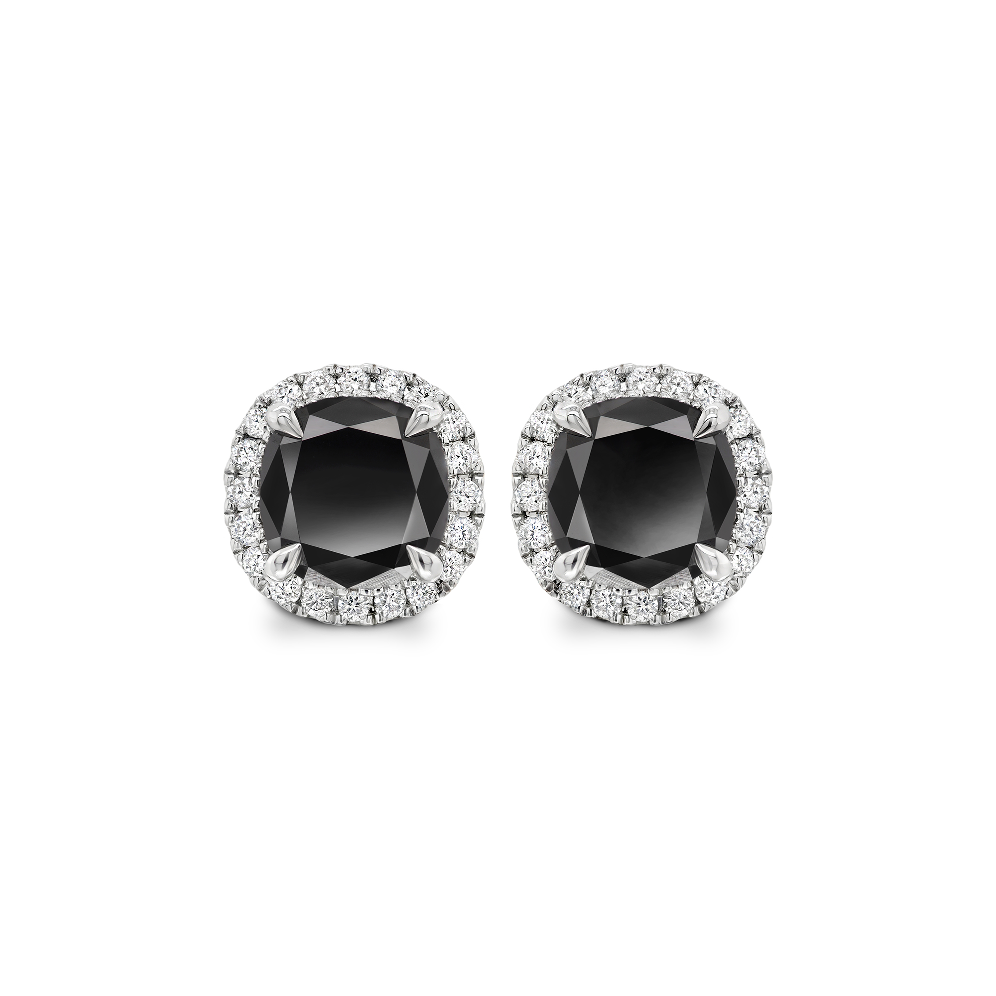 Shimansky Cushion Black & White Diamond Halo Earrings in 14K White Gold - Front View