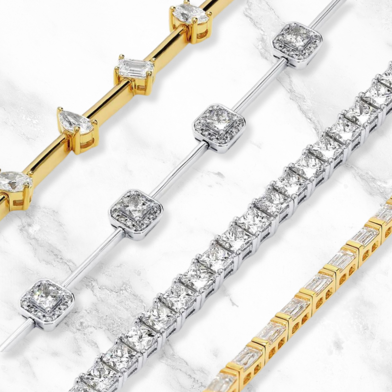 A stunning display of four exquisite Shimansky diamond bracelets, each showcasing unique designs and brilliant craftsmanship.