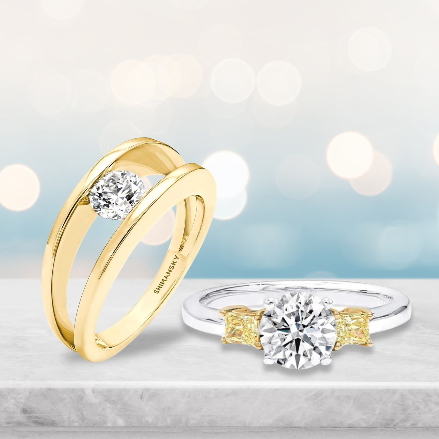 Exquisite Shimansky yellow gold millennium ring and trilogy yellow diamond engagement rings, showcasing elegance and brilliance.