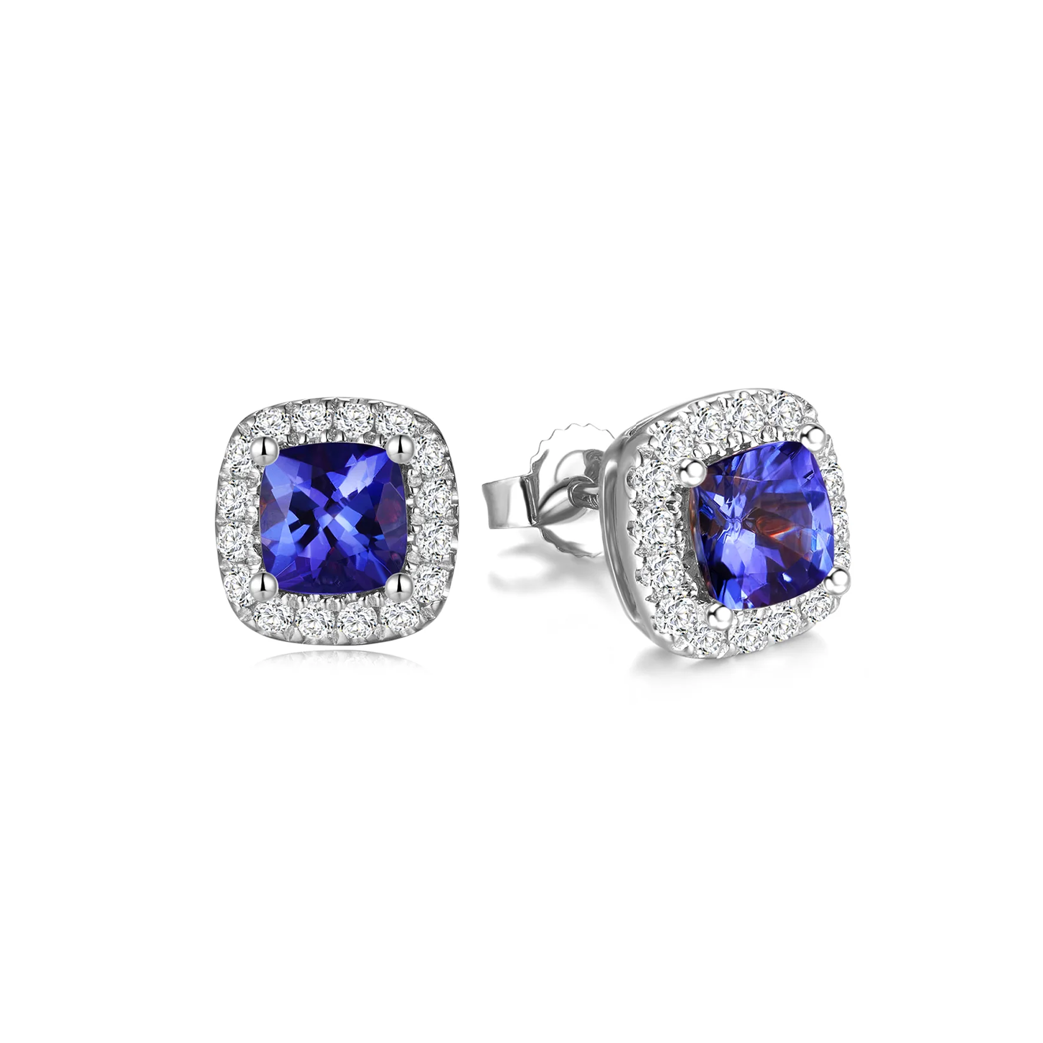 Shimansky 1.3 TCW Tanzanite Square Cushion Halo Earrings in 14K White Gold 3D View #Metal_White Gold