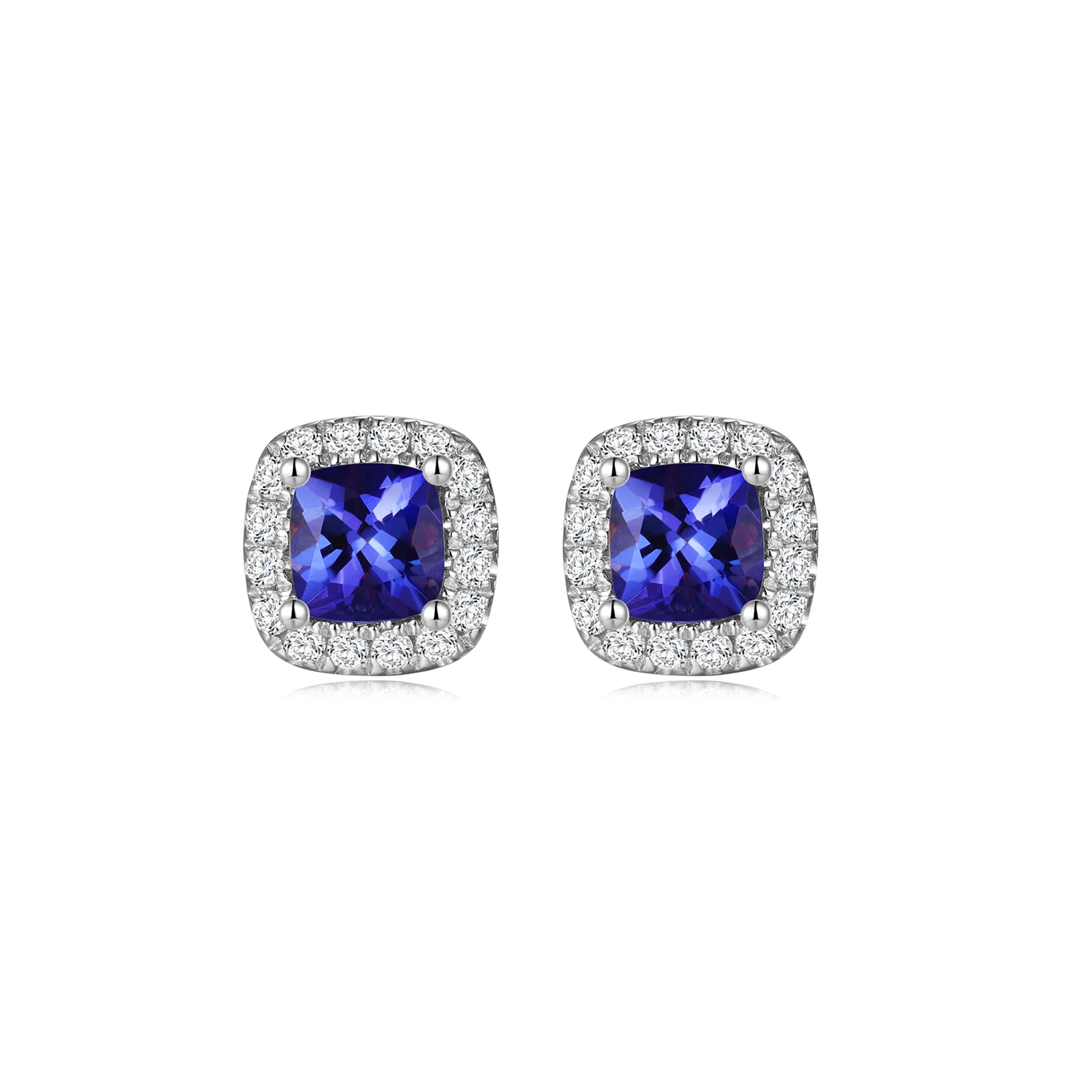 Shimansky 1.3 TCW Tanzanite Square Cushion Halo Earrings in 14K White Gold Front View #Metal_White Gold