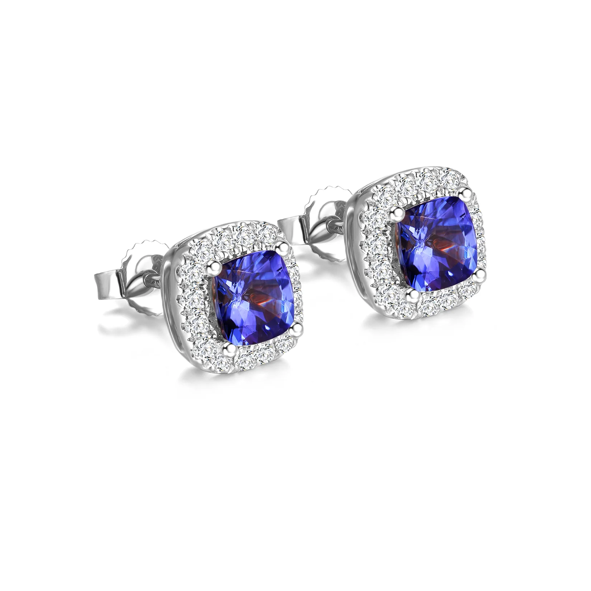 Shimansky 1.3 TCW Tanzanite Square Cushion Halo Earrings in 14K White Gold 3D View #Metal_White Gold