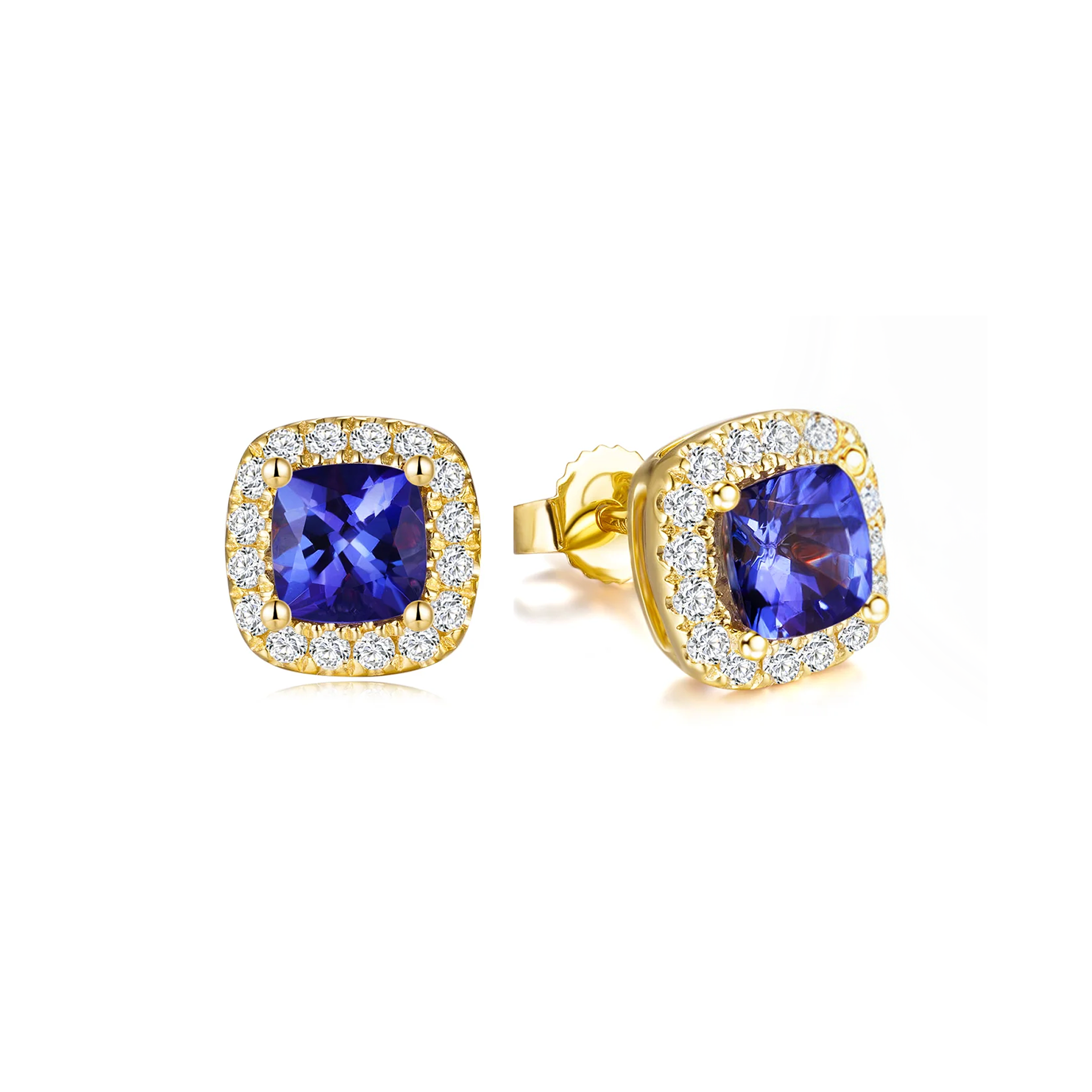 Shimansky 1.3 TCW Tanzanite Square Cushion Halo Earrings in 14K Yellow Gold 3D View #Metal_Yellow Gold