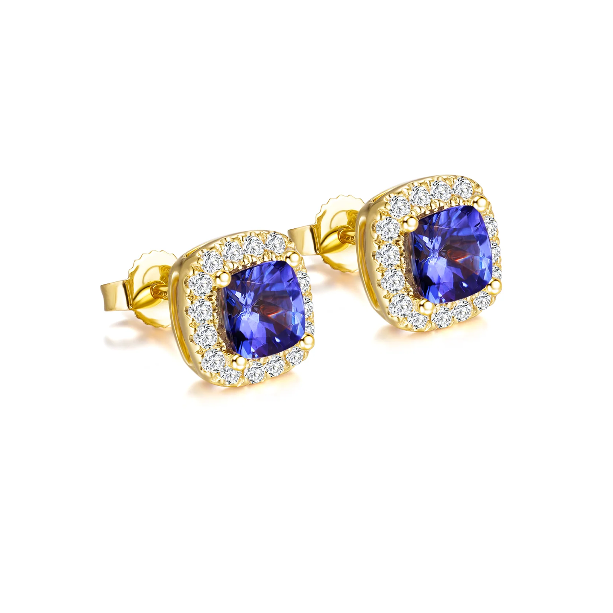Shimansky 1.3 TCW Tanzanite Square Cushion Halo Earrings in 14K Yellow Gold 3D View #Metal_Yellow Gold