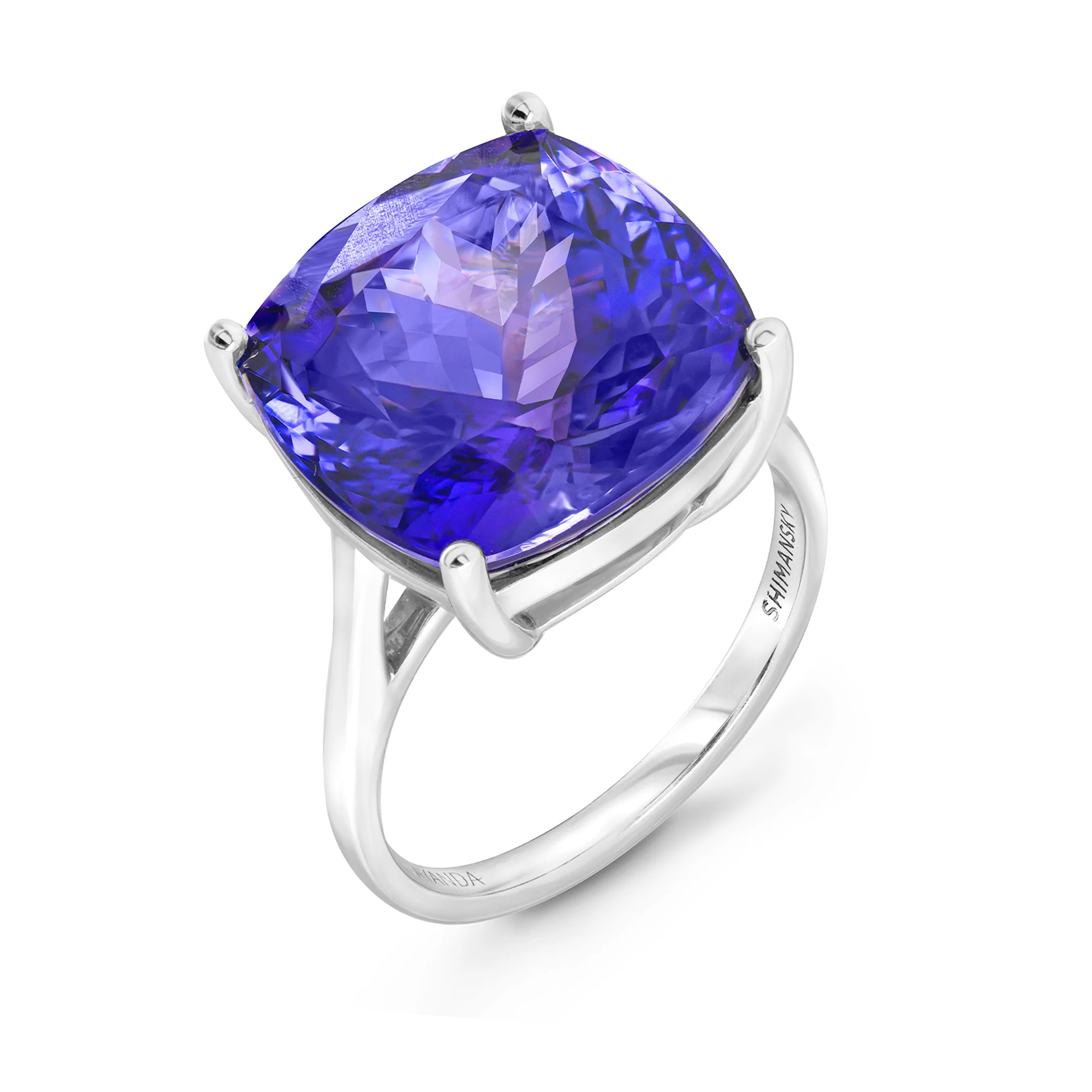 Shimansky 13.9 Carat Square Cushion Tanzanite Solitaire Ring in 18K White Gold - 3D View #card-first