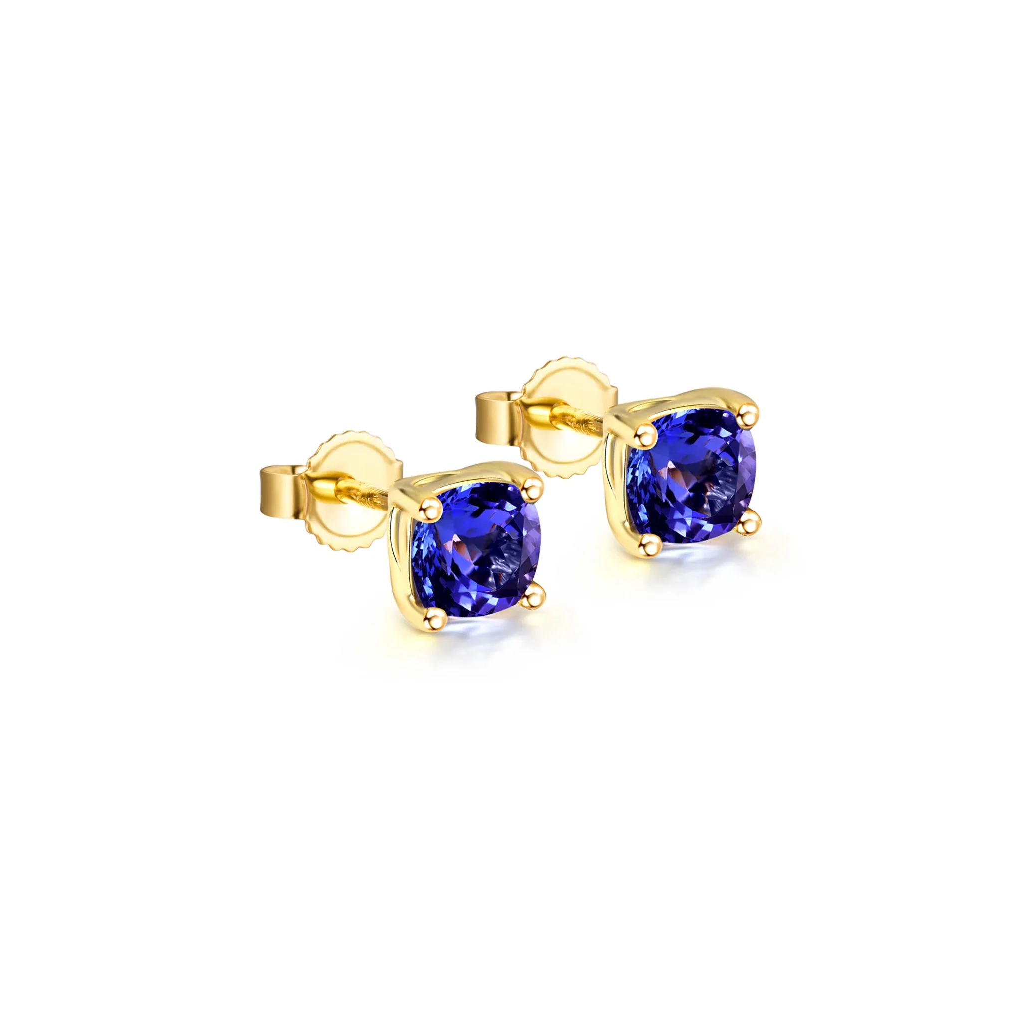 Shimansky 2.3 TCW Square Cushion Tanzanite Solitaire Stud Earrings in 14K Yellow Gold 3D View #Metal_Yellow Gold