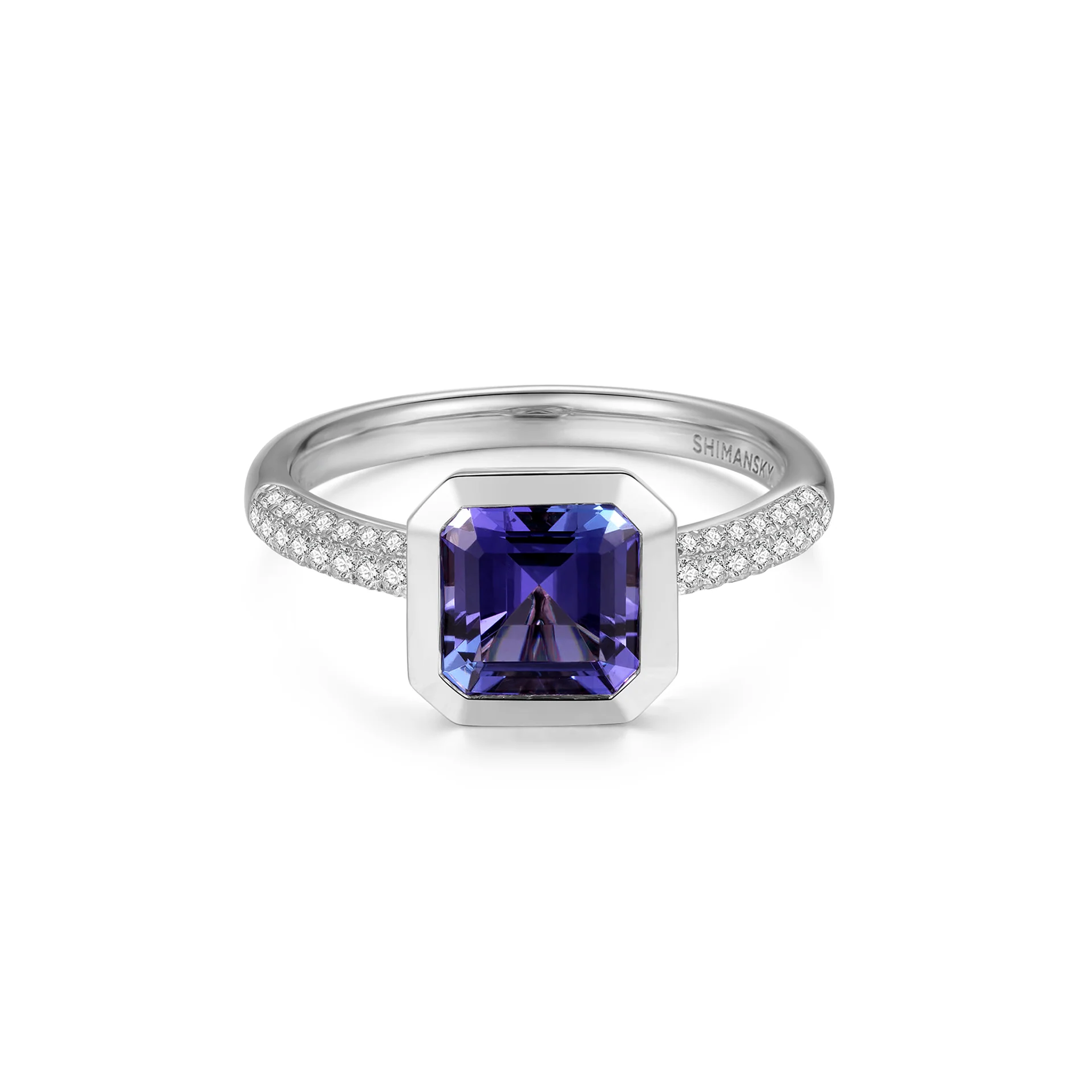 Shimansky 1.9ct Square Emerald Tanzanite Bezel set Ring 14K White Gold Front View #Metal_White Gold