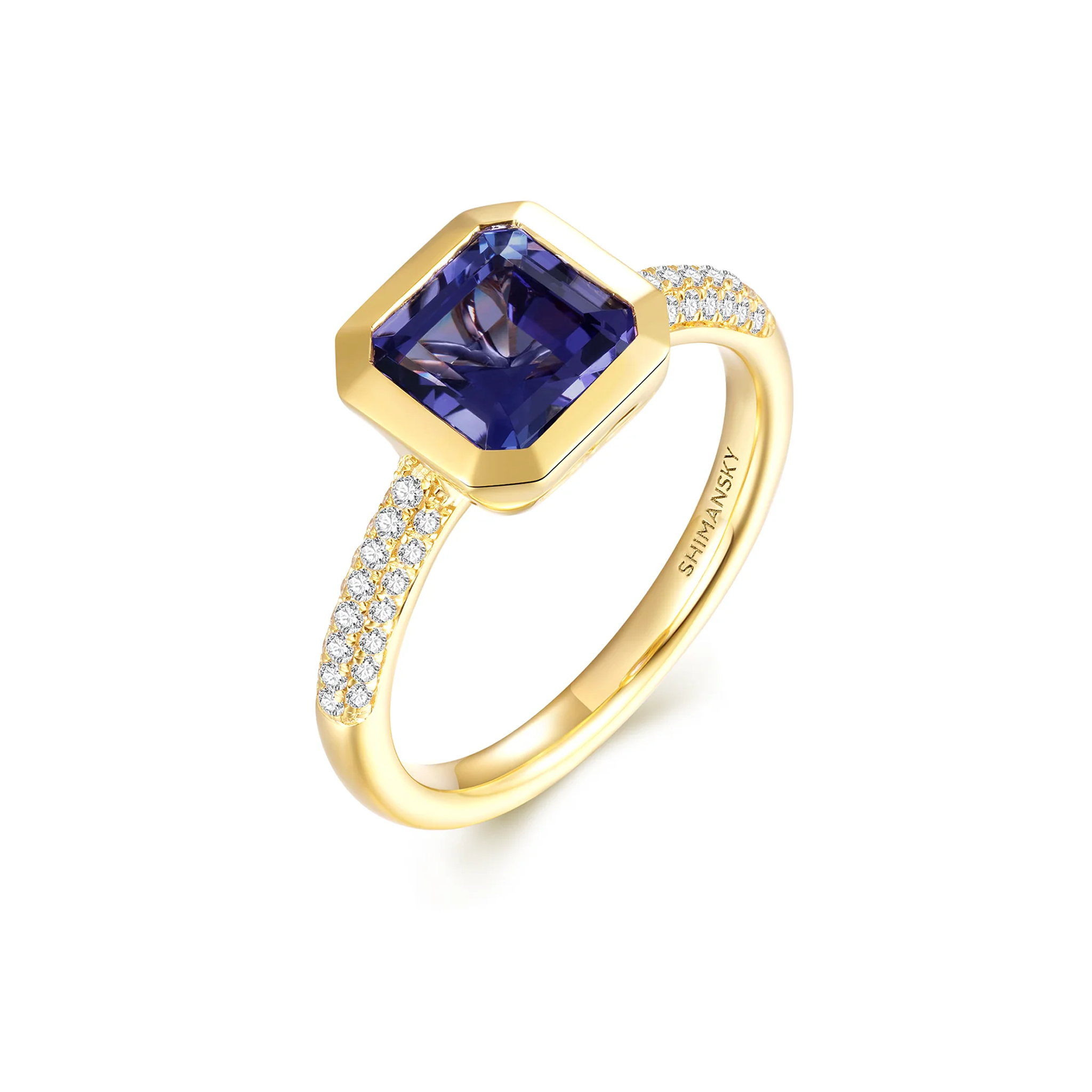 Shimansky 2ct Square Emerald Tanzanite Bezel Set Ring 14K Yellow Gold 3D View #Metal_Yellow Gold #card-first