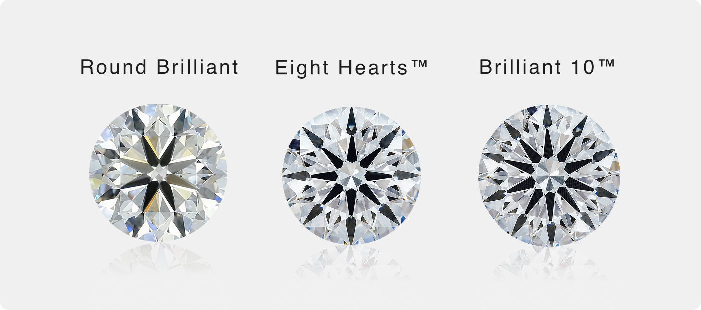 Shimansky natural Round Brilliant, Eight Hearts and Brilliant 10 diamonds face-up, arranged side-by-side to illustrate the visual difference in cut quality.