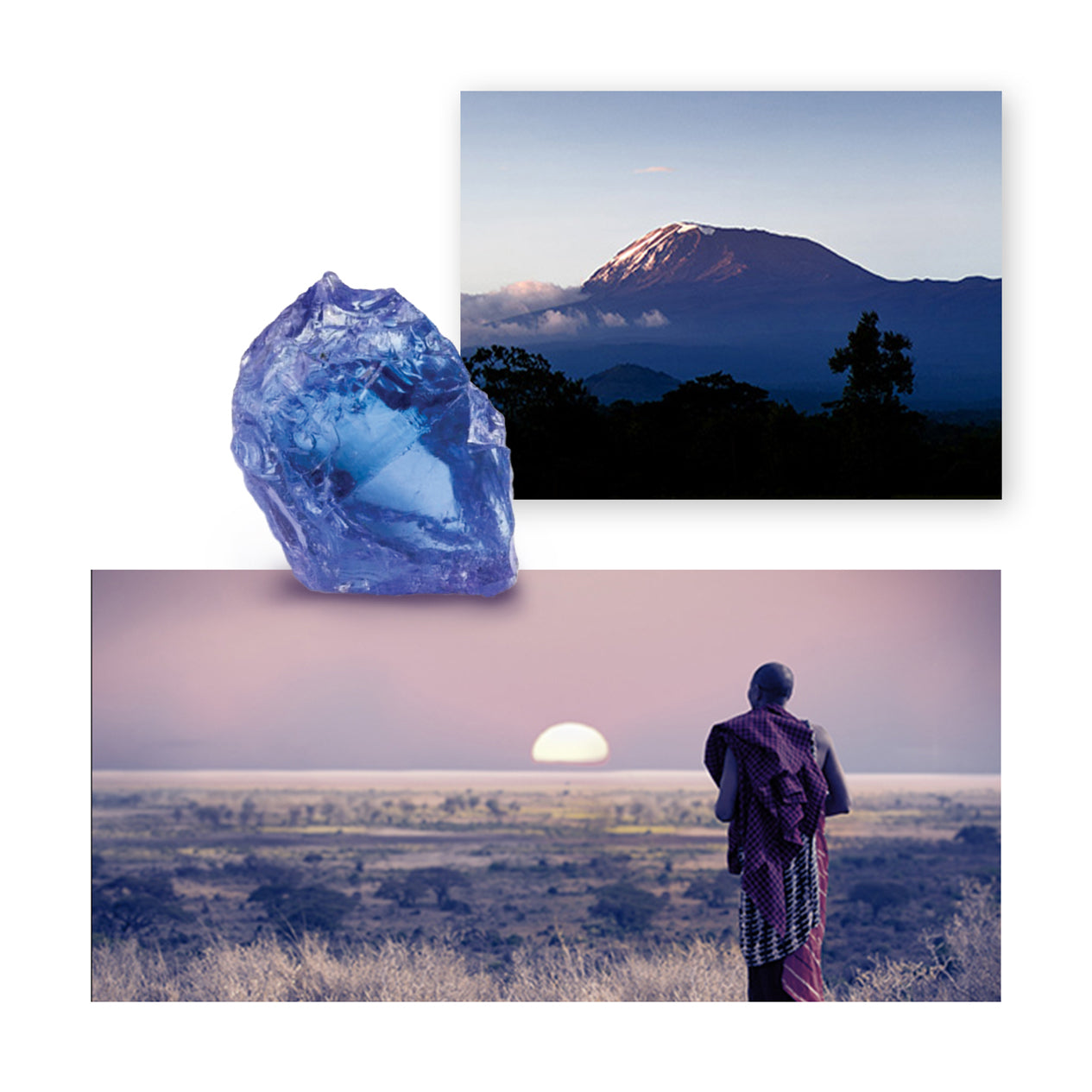 Collage of three visually connected elements. A photograph of Mount Kilimanjaro, with its snow-capped peak and surrounding clouds. A raw blue gemstone, likely tanzanite, placed beside the Kilimanjaro image. A scenic landscape featuring a person in traditional Maasai clothing gazing at the vast savannah, with the sun setting on the horizon.