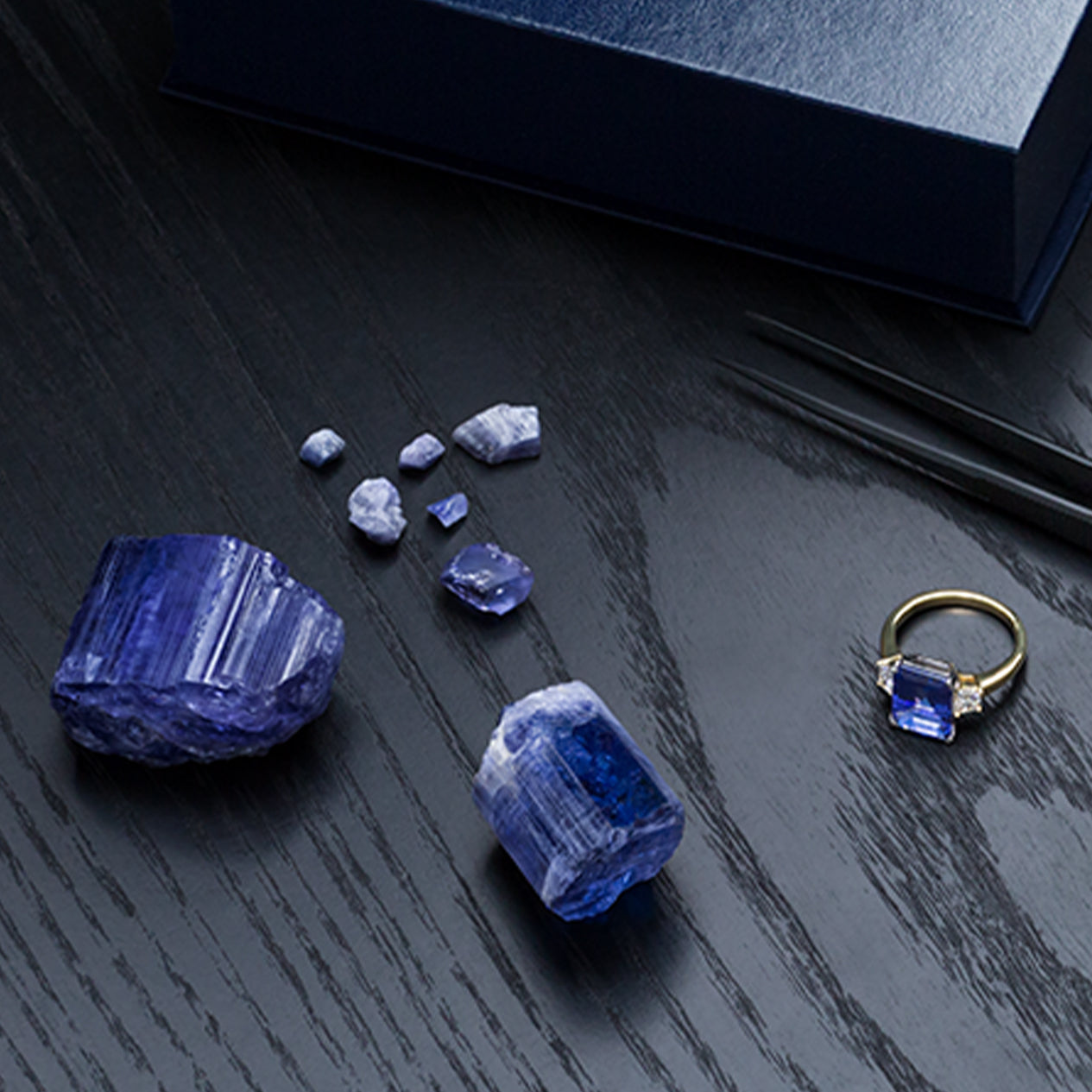 Shimansky Rough Tanzanite Gems around a Trilogy Tanzanite and Diamond Ring