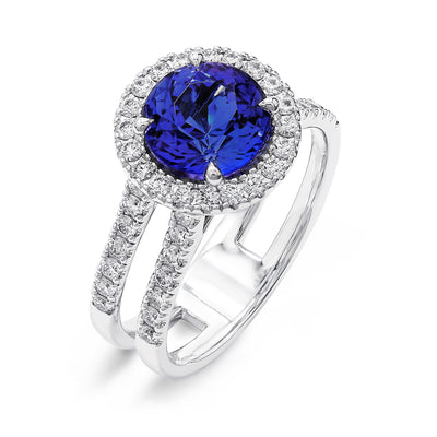 Anel Halo Tanzanita e Diamante Dividido