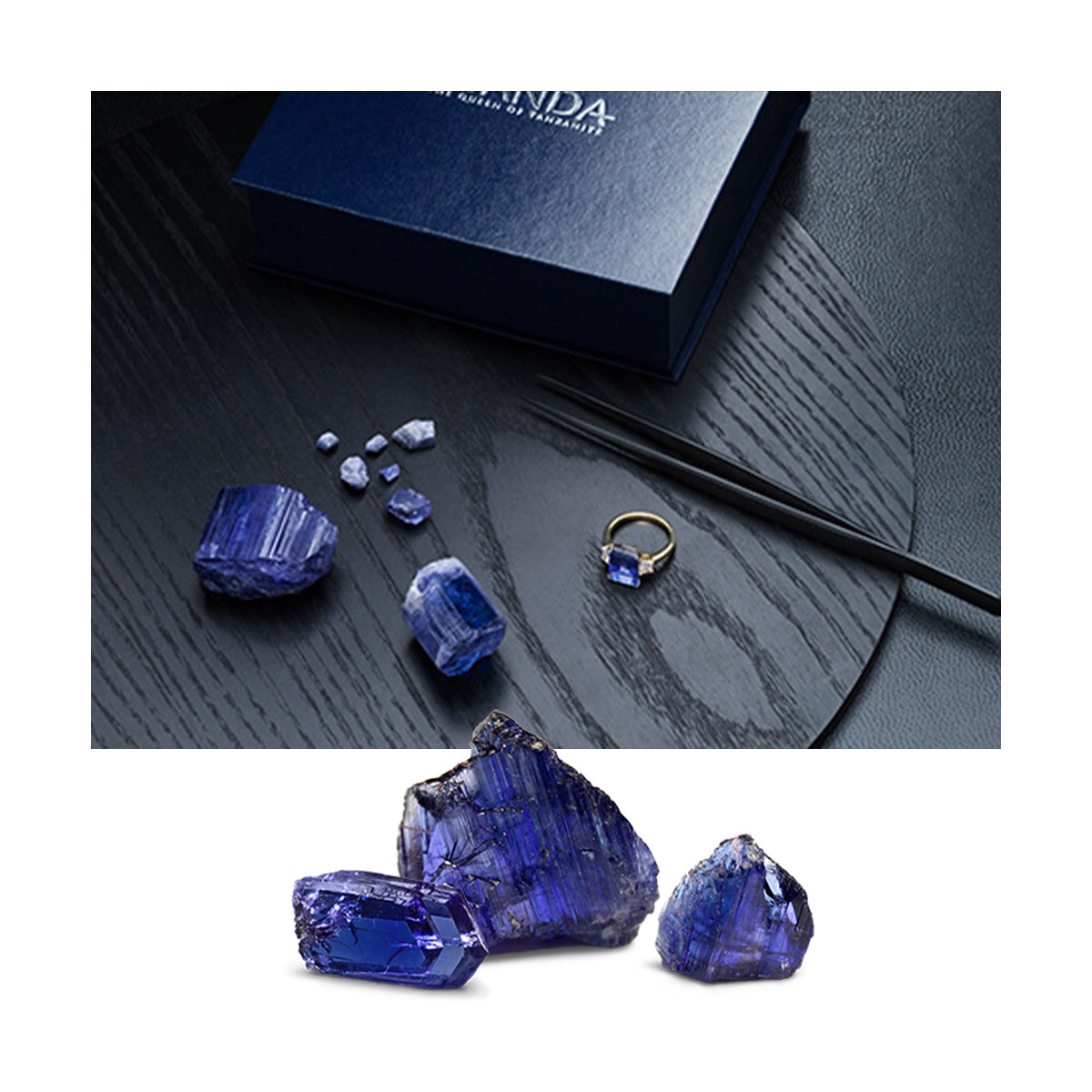 Shimansky Ayanda Tanzanite Jewellery Box with rough tanzanite surrounding it