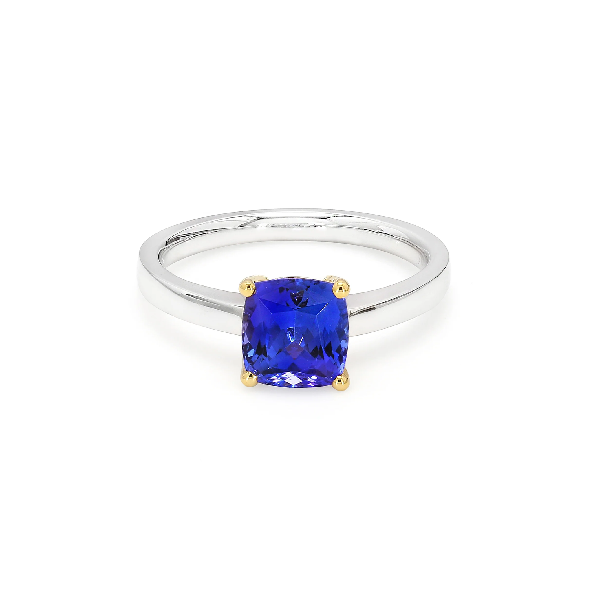 Tanzanite Cushion Cut Solitaire Ring 1.70ct crafted in 18K White and Yellow Gold