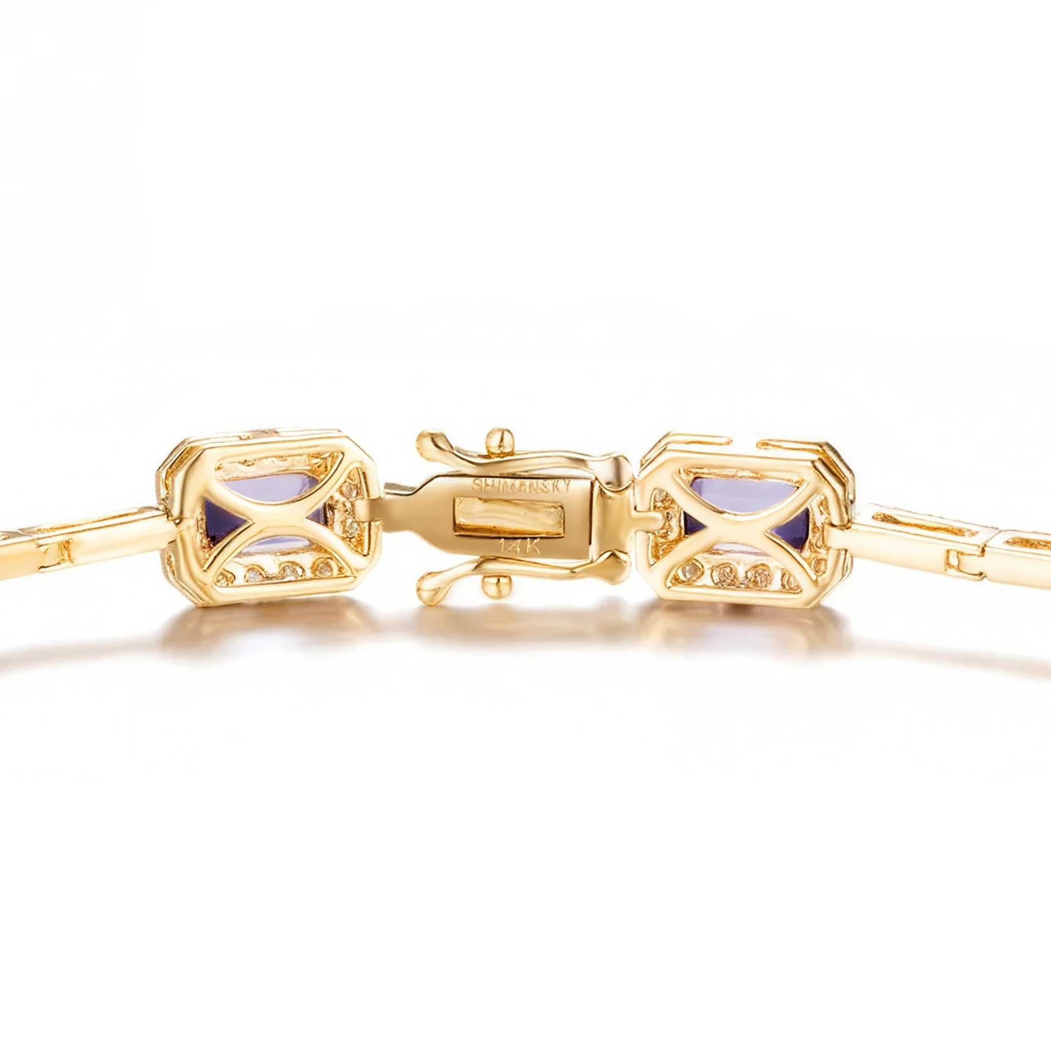 Shimansky 5.4 TCW Tanzanite Emerald Halo Dress Bracelet 14K White Gold Clasp view #Metal_Yellow Gold