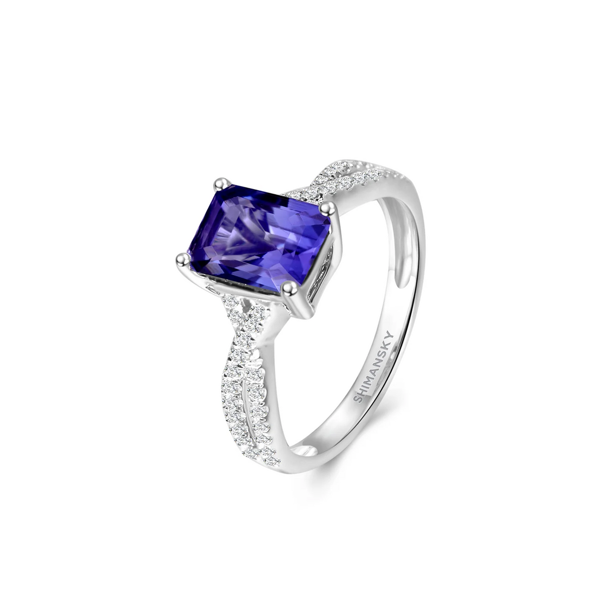 Shimansky 1.7 TCW Tanzanite Emerald Microset Ring in 14K White Gold 3D View #card-first