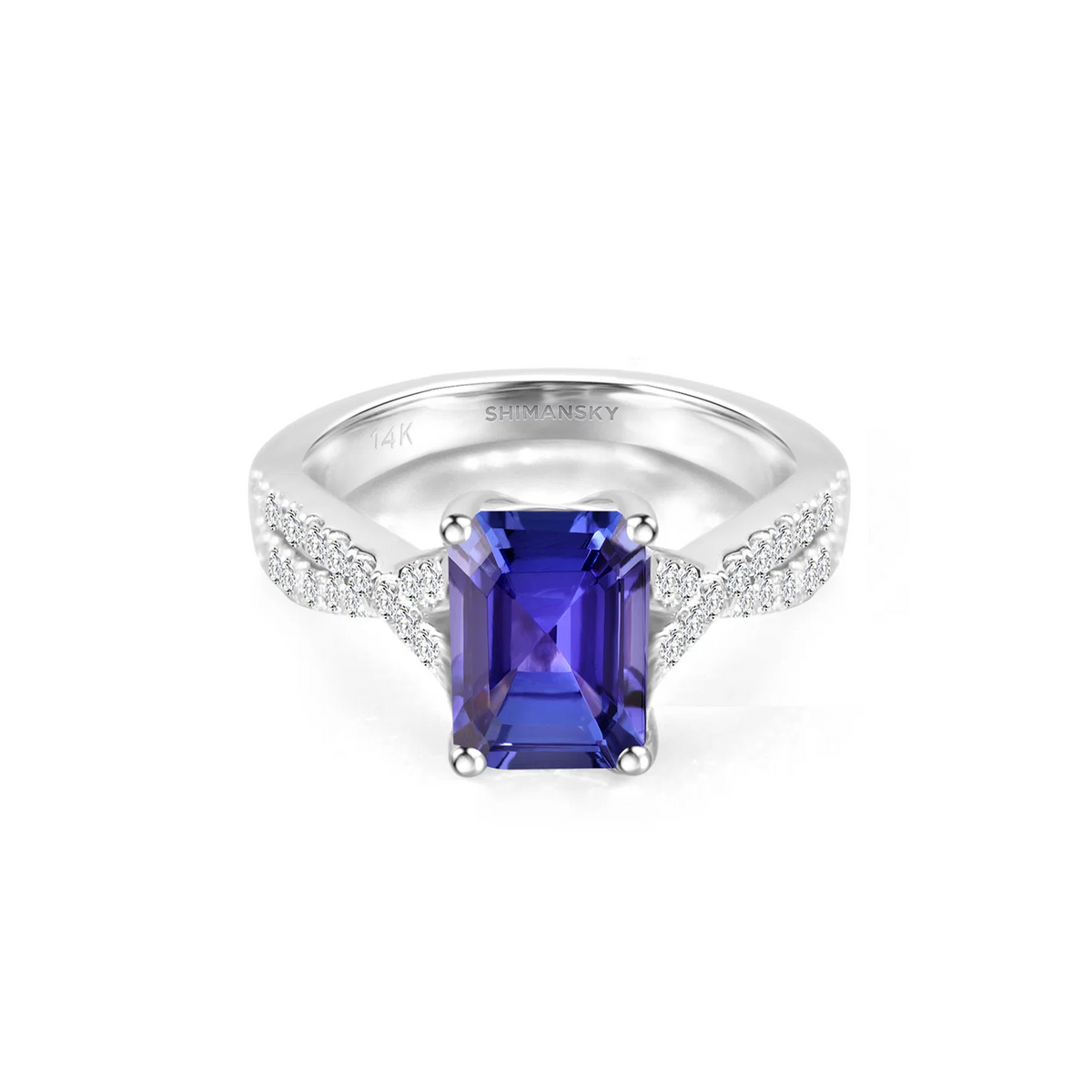 Shimansky 1.7 TCW Tanzanite Emerald Microset Ring in 14K White Gold Front View