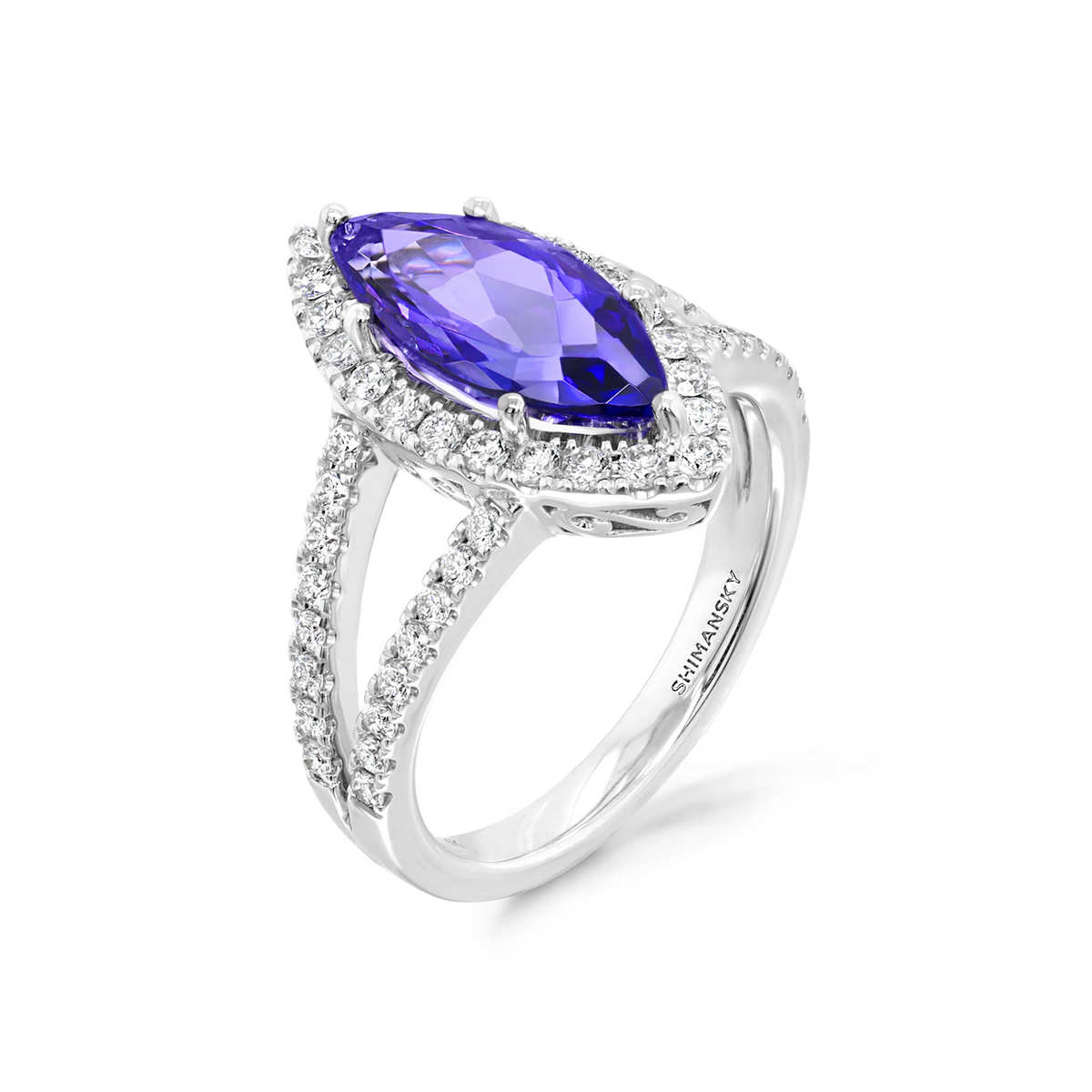 Shimansky 2.6ct Tanzanite Marquise Halo Dress Ring in 14K White Gold 3D View #card-first