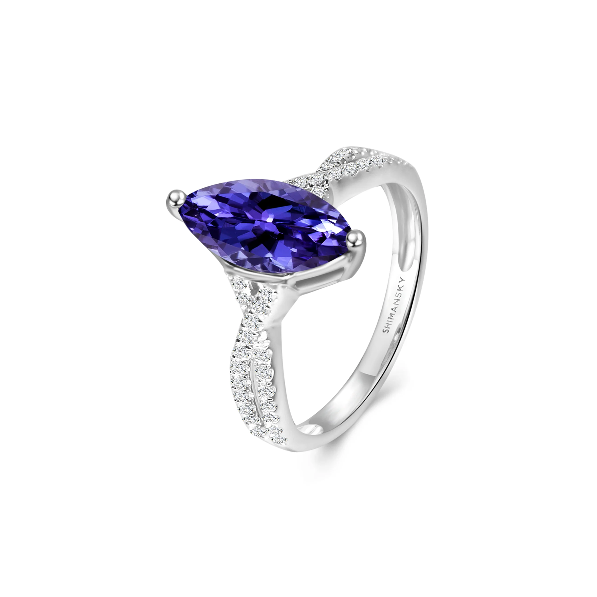 Shimansky 1.5ct Tanzanite Marquise Microset Ring in 14K White Gold 3D View #card-first