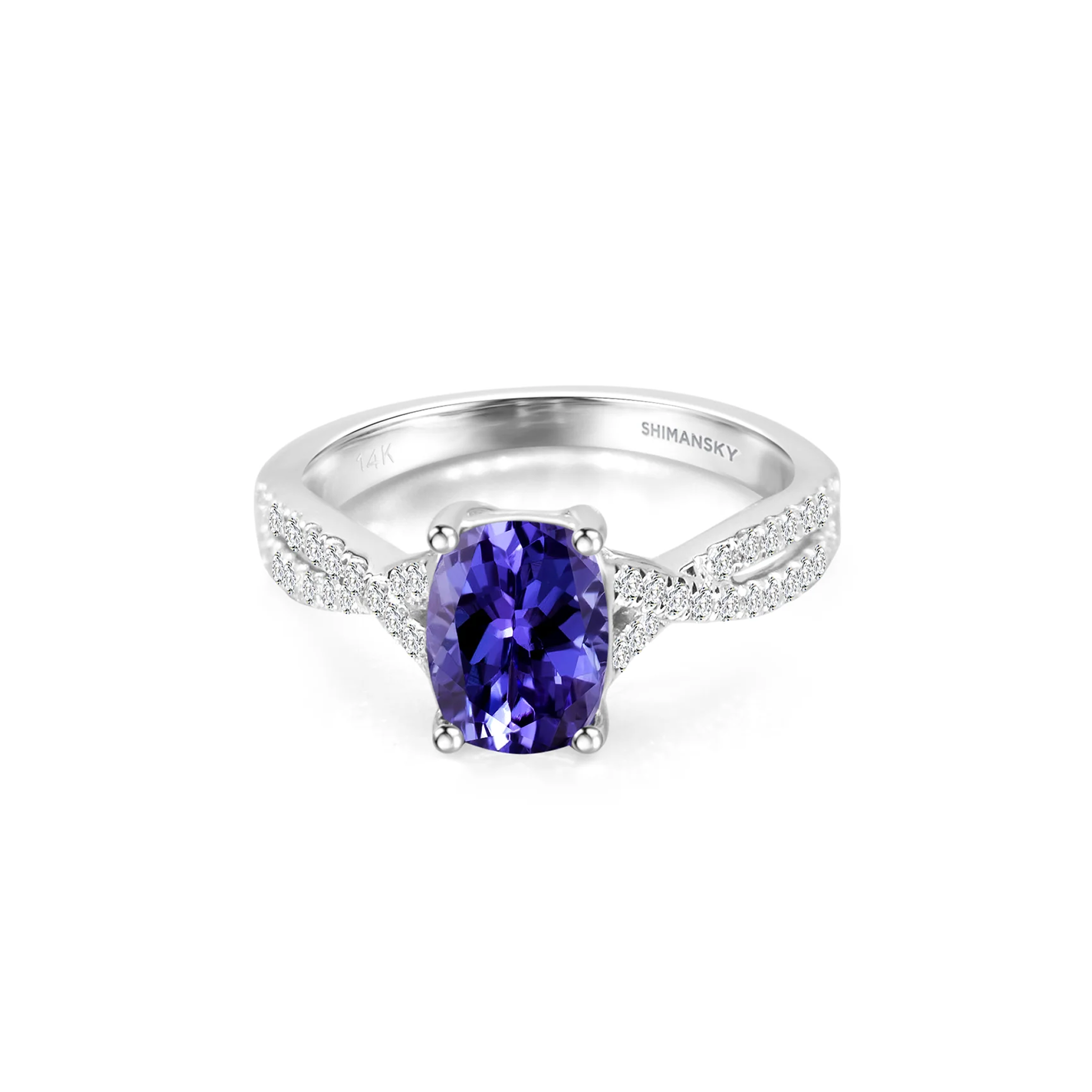 Shimansky 1.5 TCW Tanzanite Oval Microset Ring in 14K White Gold Front view