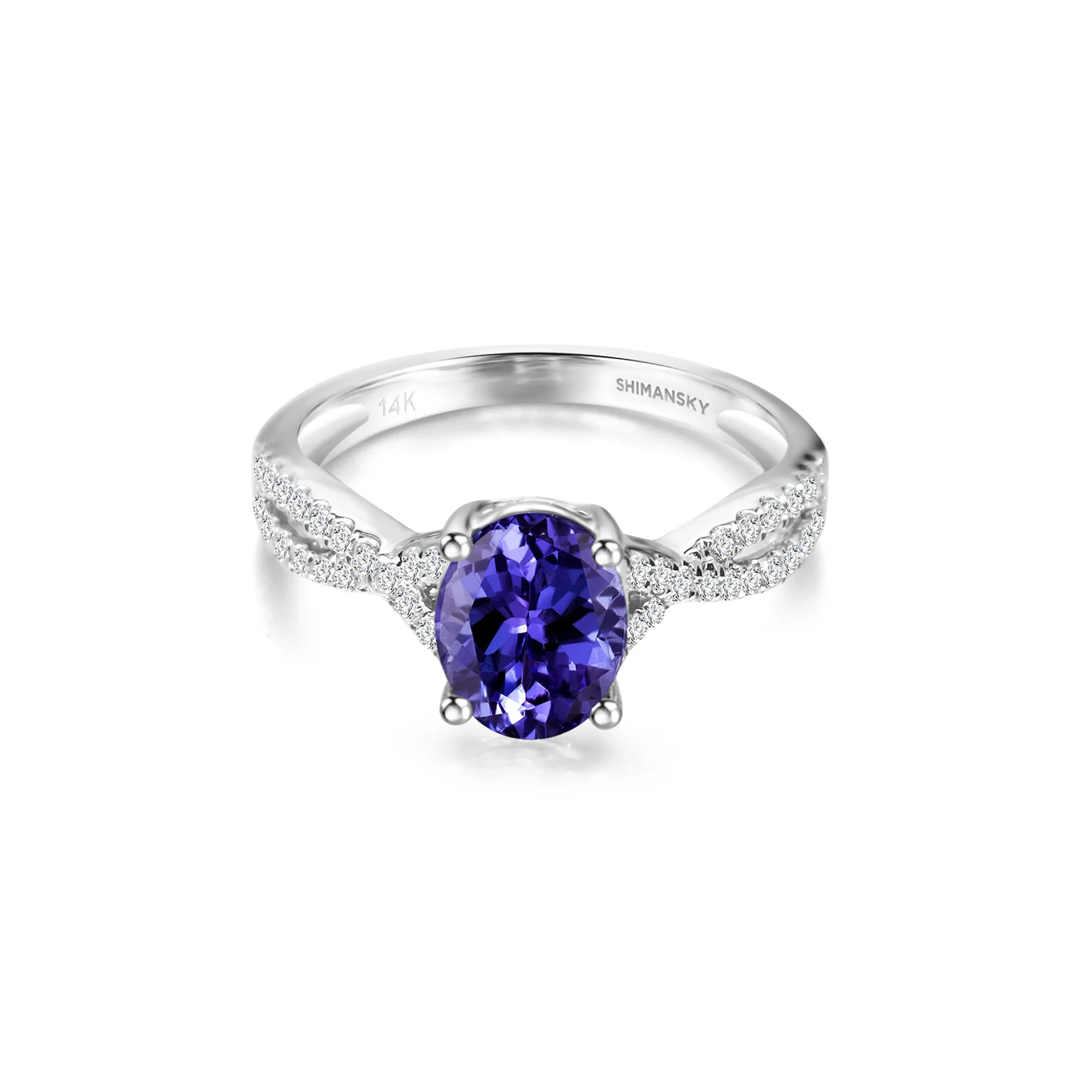 Shimansky 1.6 TCW Tanzanite Oval Microset Ring in 14K White Gold Front View