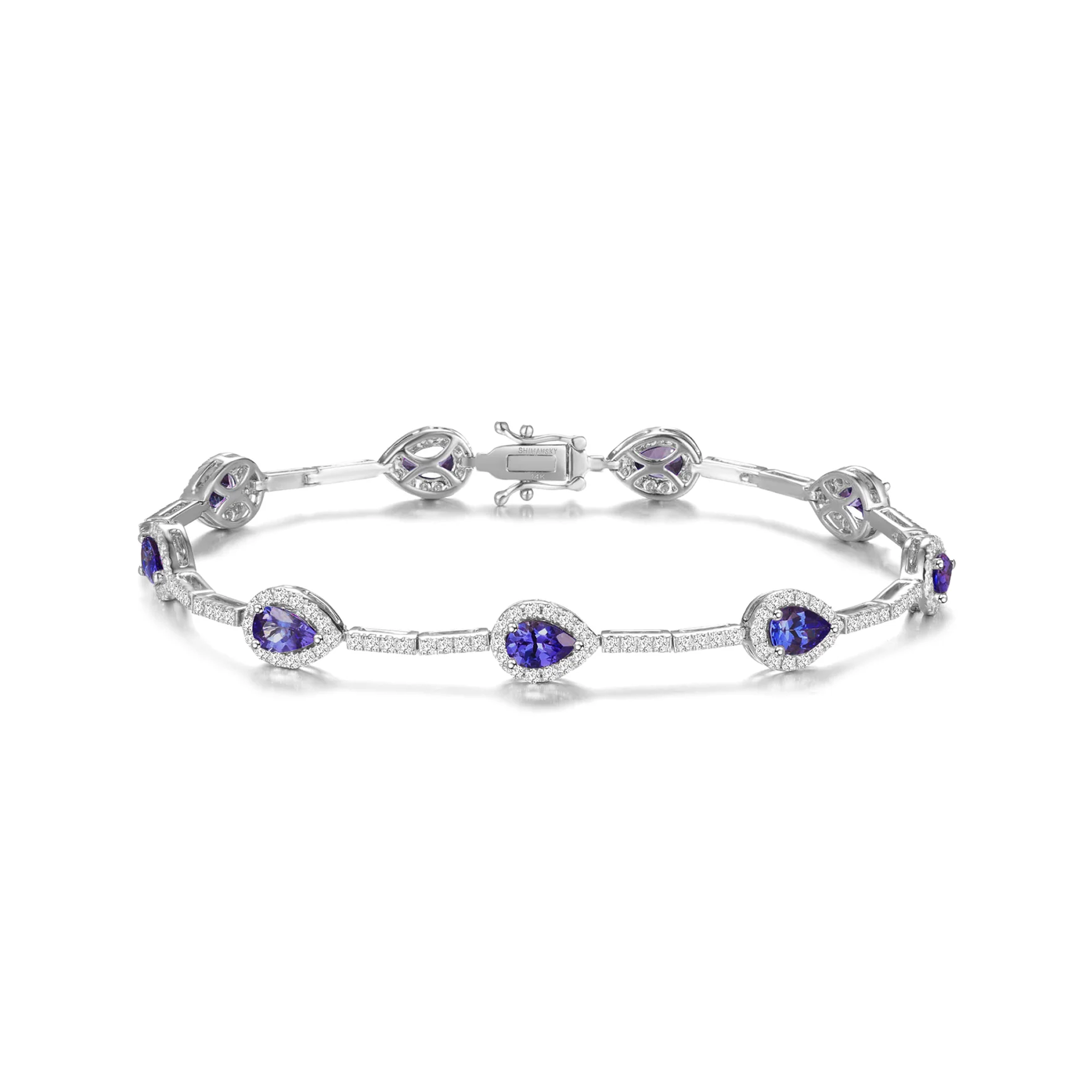Shimansky 3.7 TCW Tanzanite Pear Halo Dress Bracelet 14K White Gold Front View #Metal_White Gold