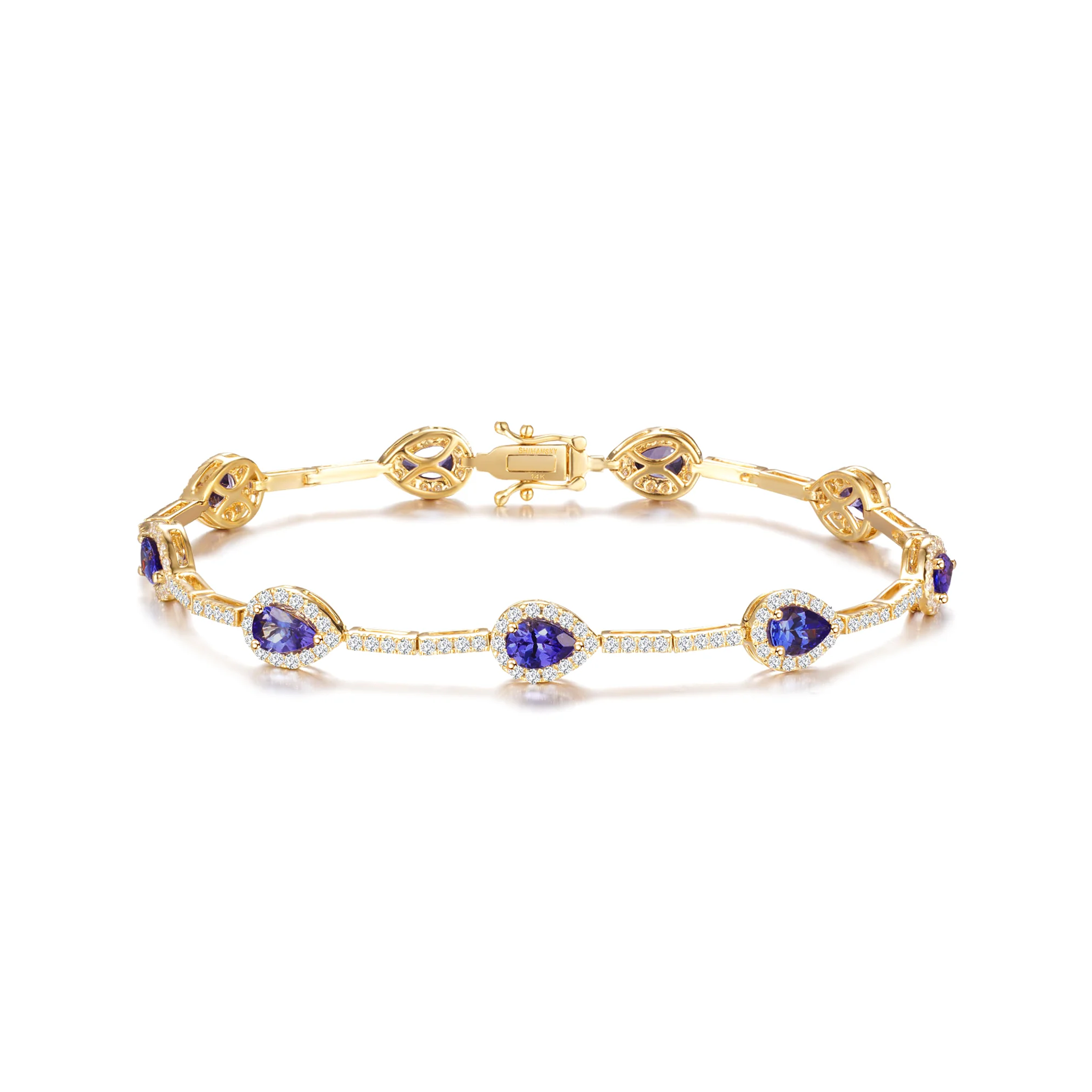 Shimansky 3.7 TCW Tanzanite Pear Halo Dress Bracelet 14K White Gold Front View #Metal_Yellow Gold