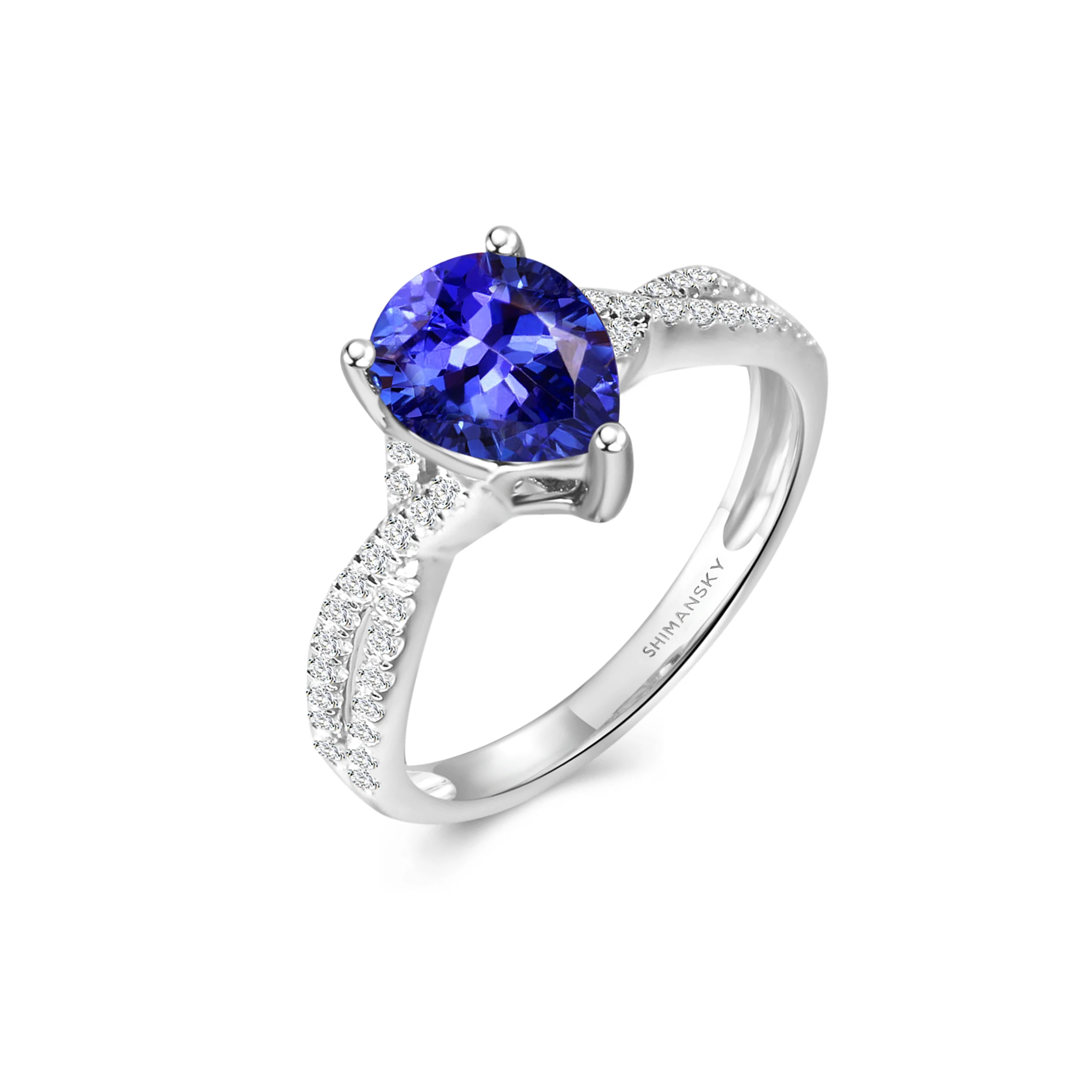 Shimansky 1.8ct Tanzanite Pear Microset Ring in 14K White Gold 3D View #card-first