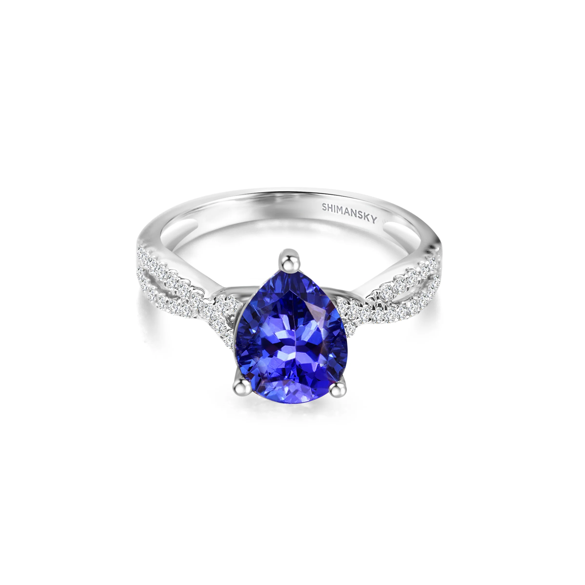 Shimansky 1.8ct Tanzanite Pear Microset Ring in 14K White Gold Front View