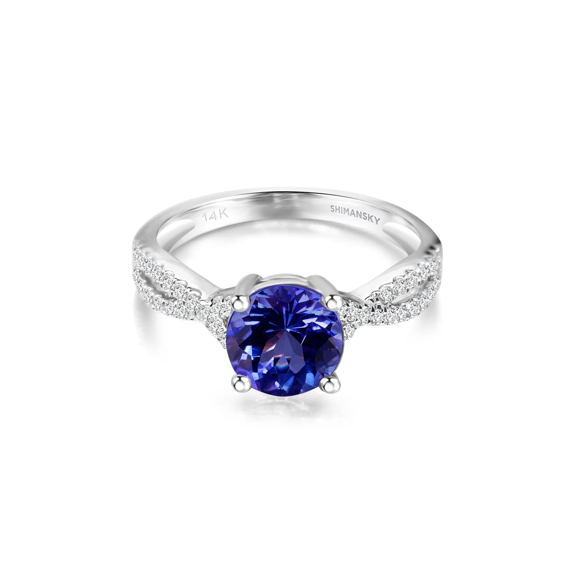 Shimansky 1.4 TCW Tanzanite Round Microset Ring in 14K White Gold Front View