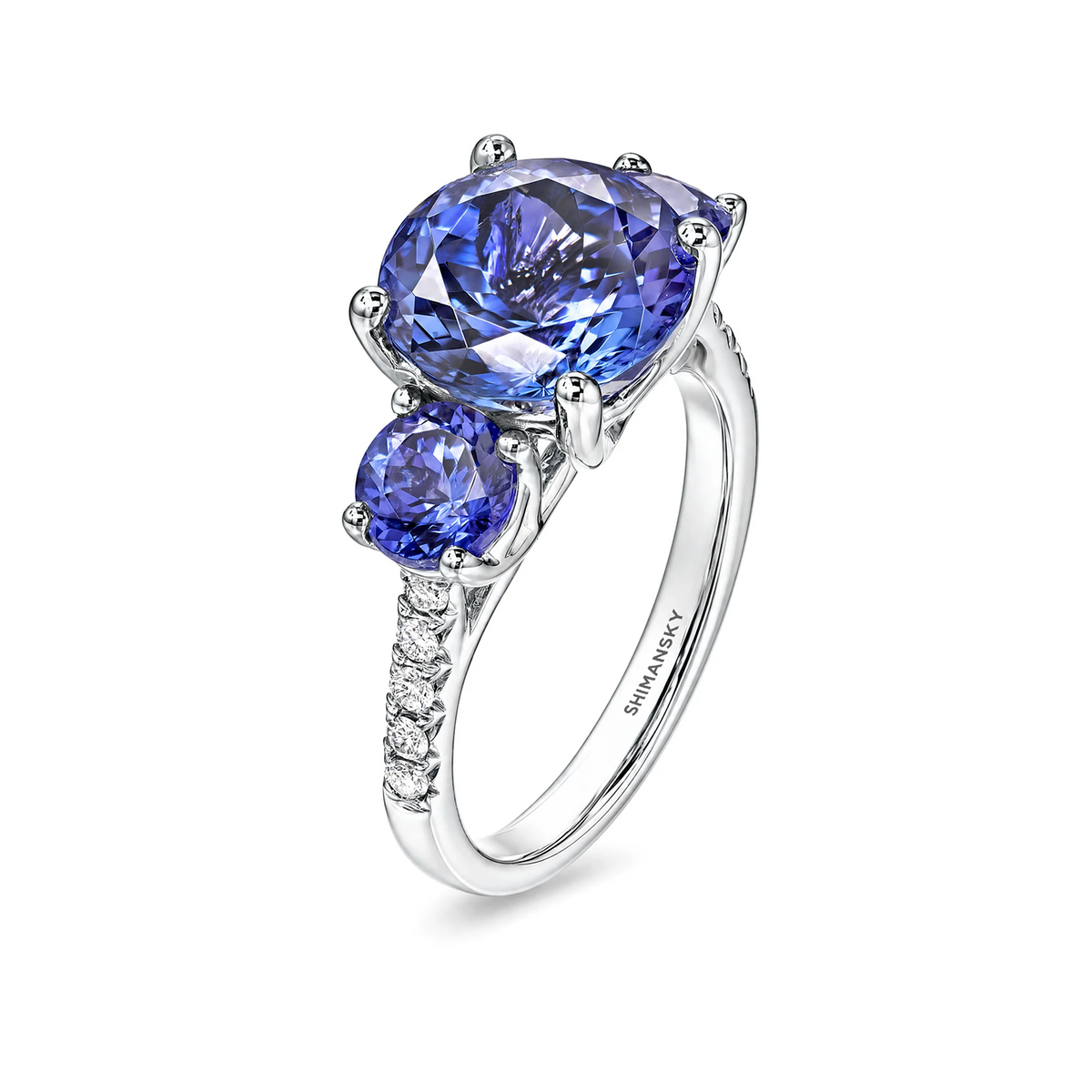 Shimansky 7ct Round Tanzanite Trilogy Ring in 18K White Gold - 3D View #card-first