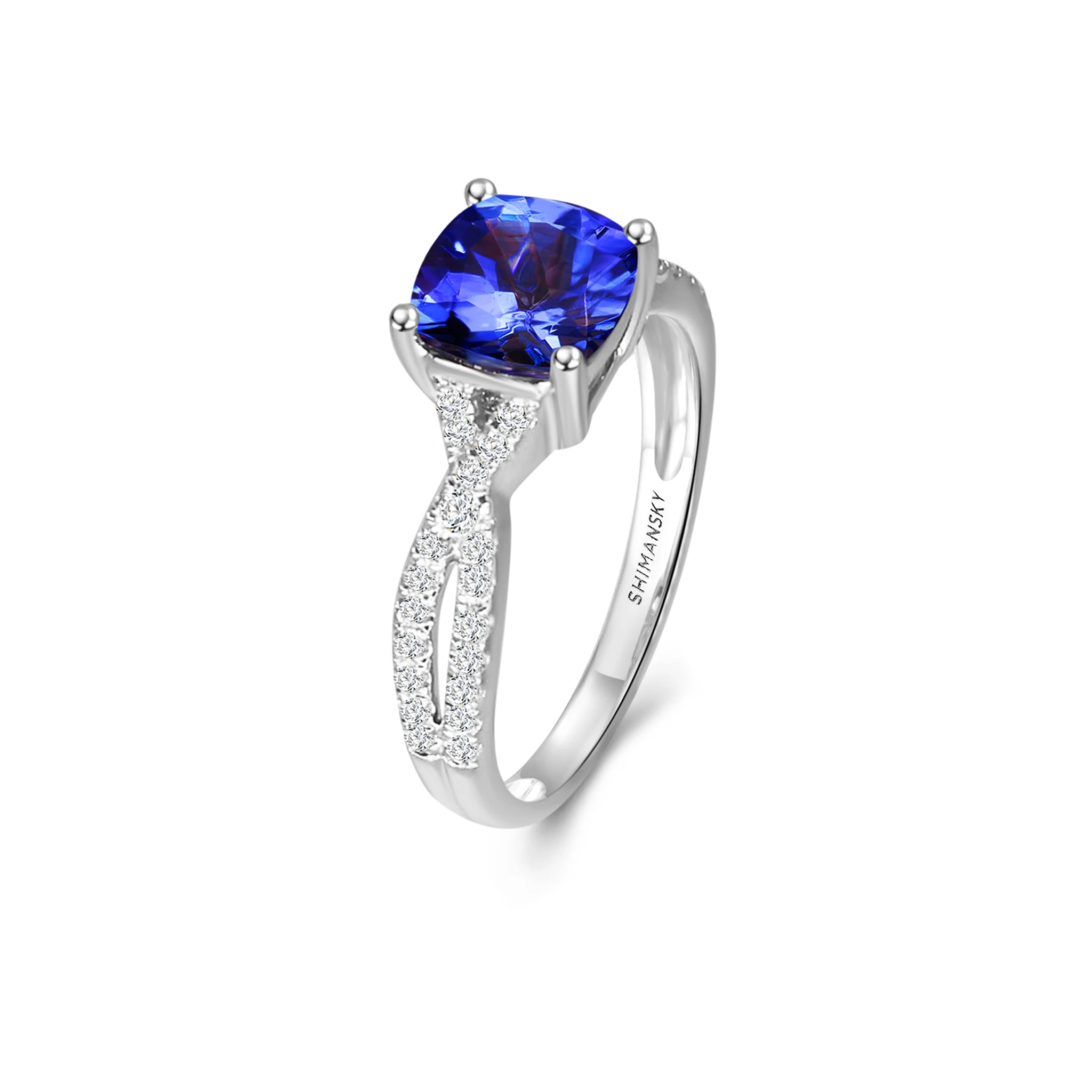Shimansky 1.7ct Tanzanite Square Cushion Microset Ring in 14K White Gold 3D View #card-first