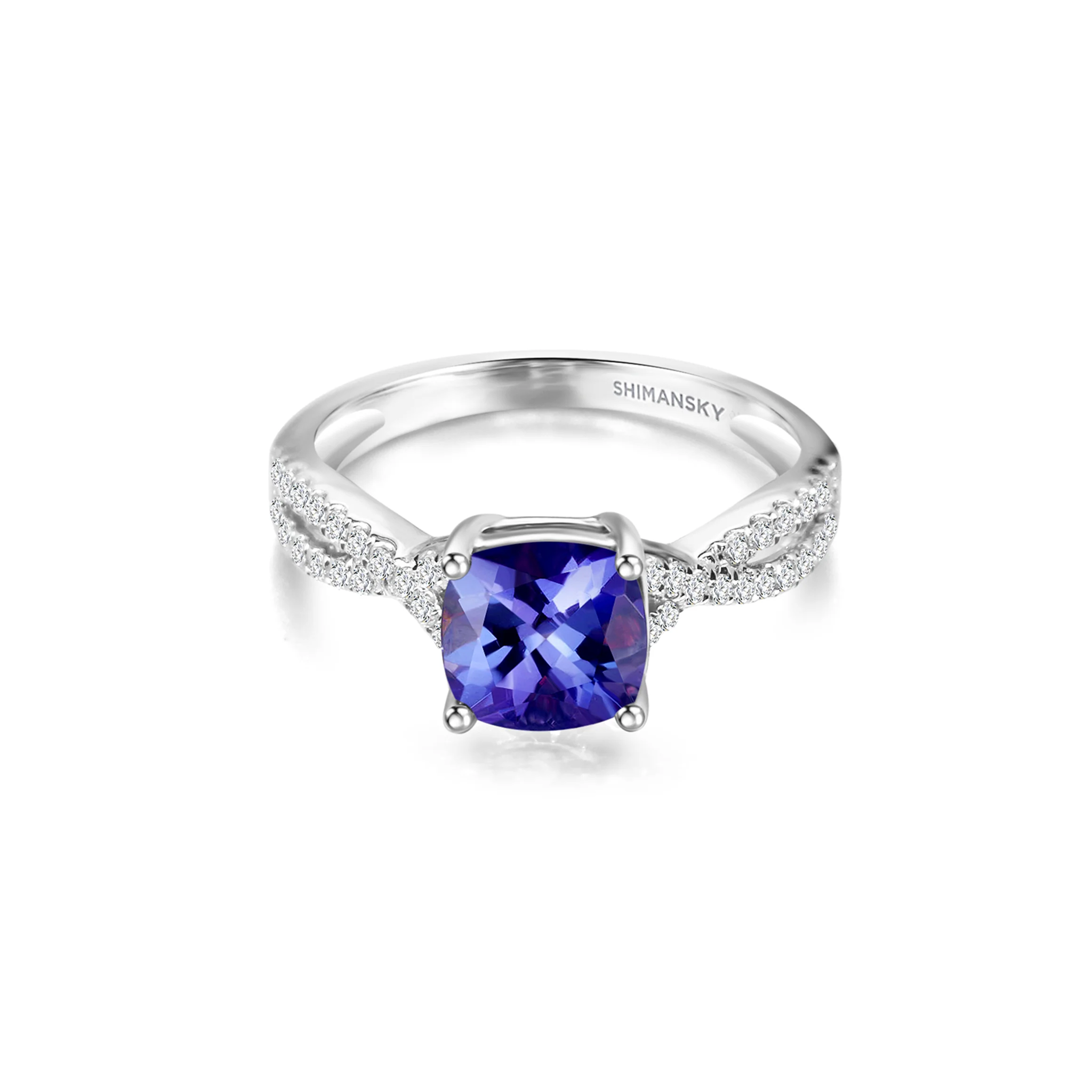 Shimansky 1.7ct Tanzanite Square Cushion Microset Ring in 14K White Gold Front View
