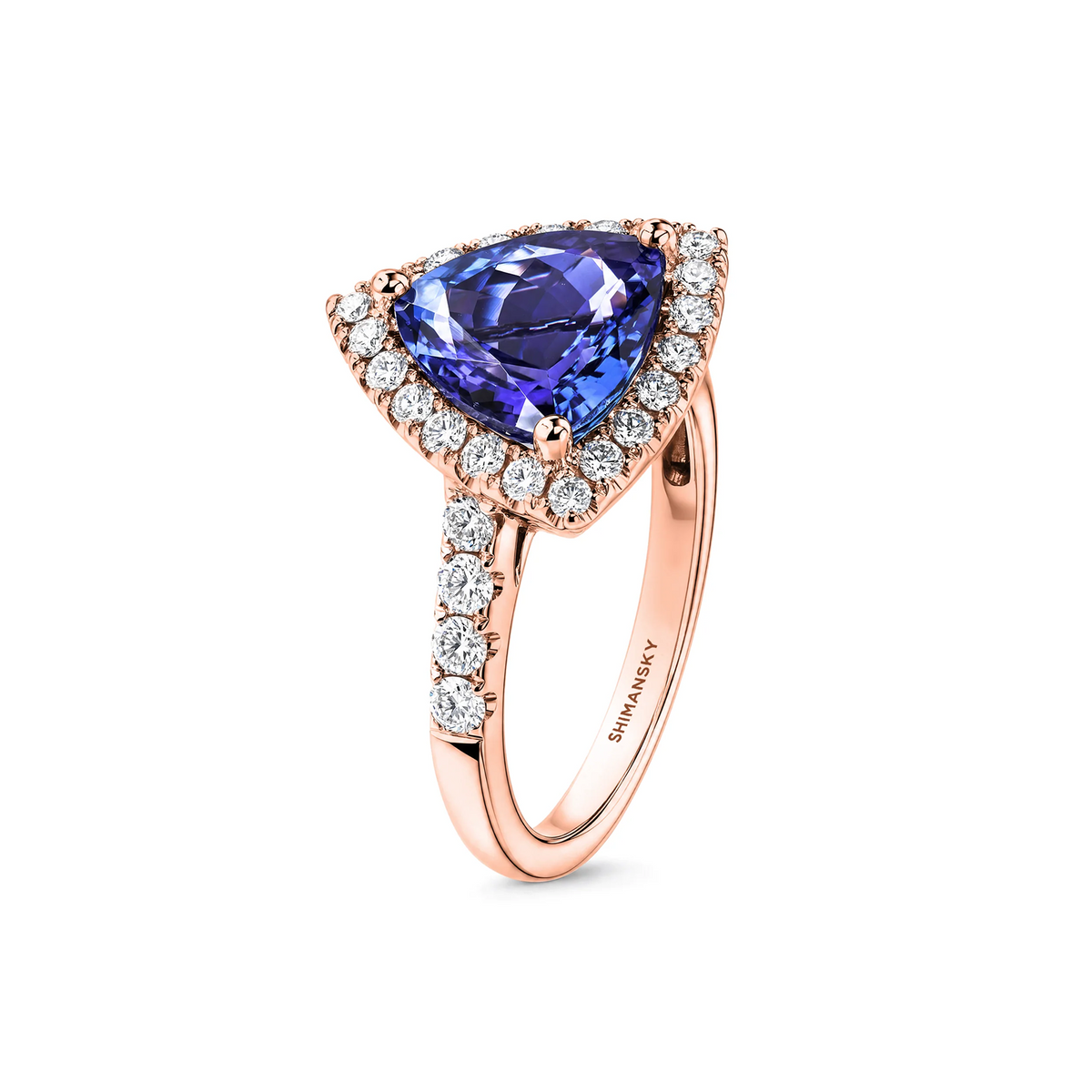 Shimansky 3.5ct Trilliant Tanzanite Microset Halo Ring in 18K Rose Gold - 3D View #card-first #Metal_Rose Gold