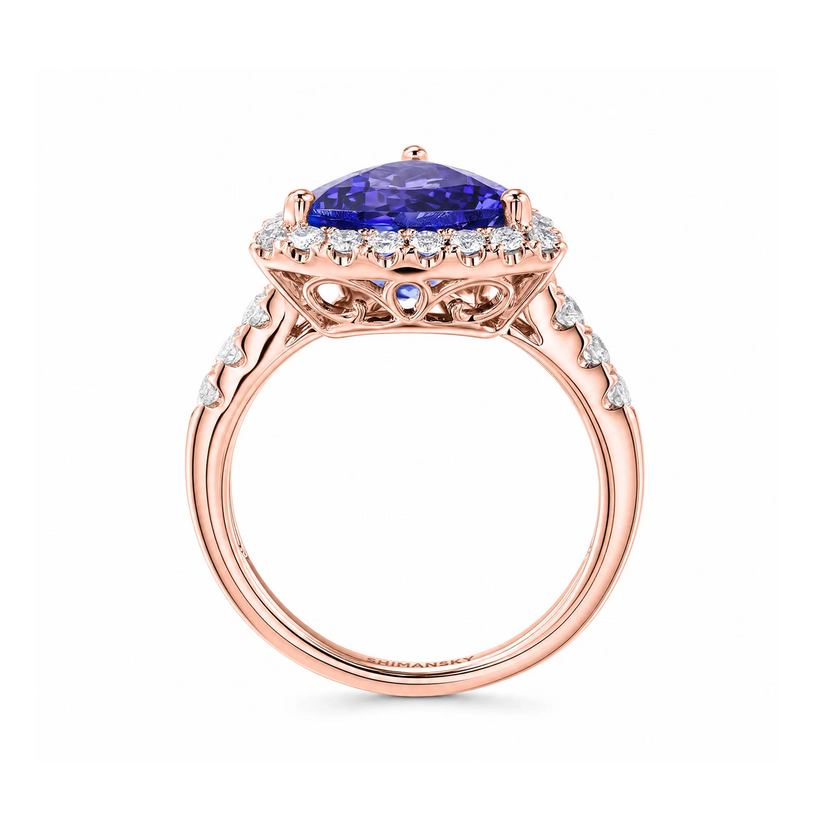 Shimansky 3.5ct Trilliant Tanzanite Microset Halo Ring in 18K Rose Gold - Side View  #Metal_Rose Gold
