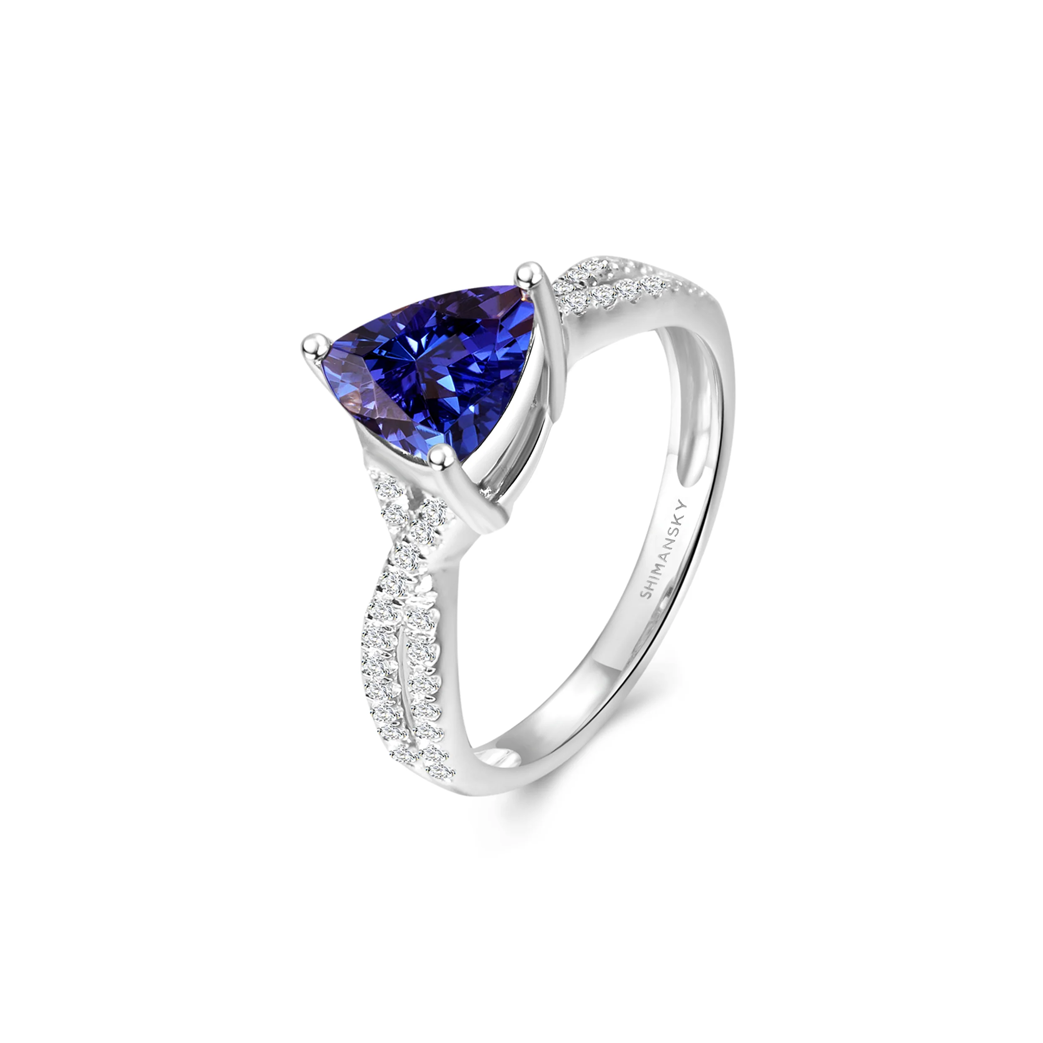 Shimansky 1.3 TCW Trilliant Tanzanite Pave Ring in 14K White Gold 3D View #card-first