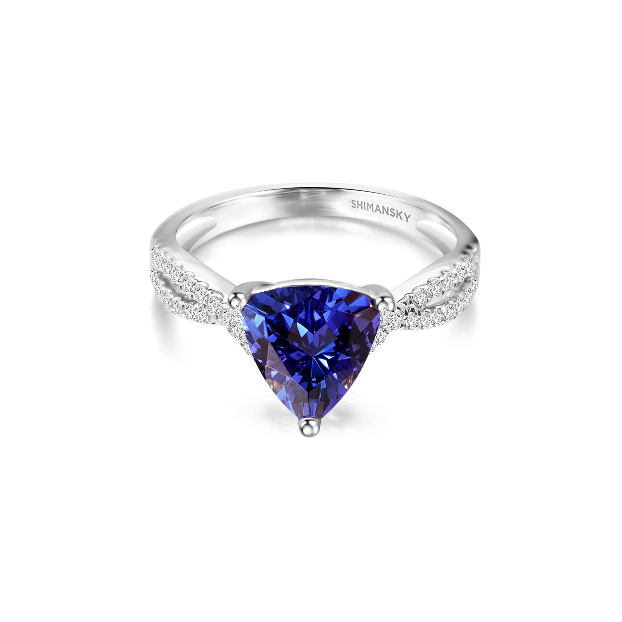 Shimansky 1.3 TCW Trilliant Tanzanite Pave Ring in 14K White Gold Front View
