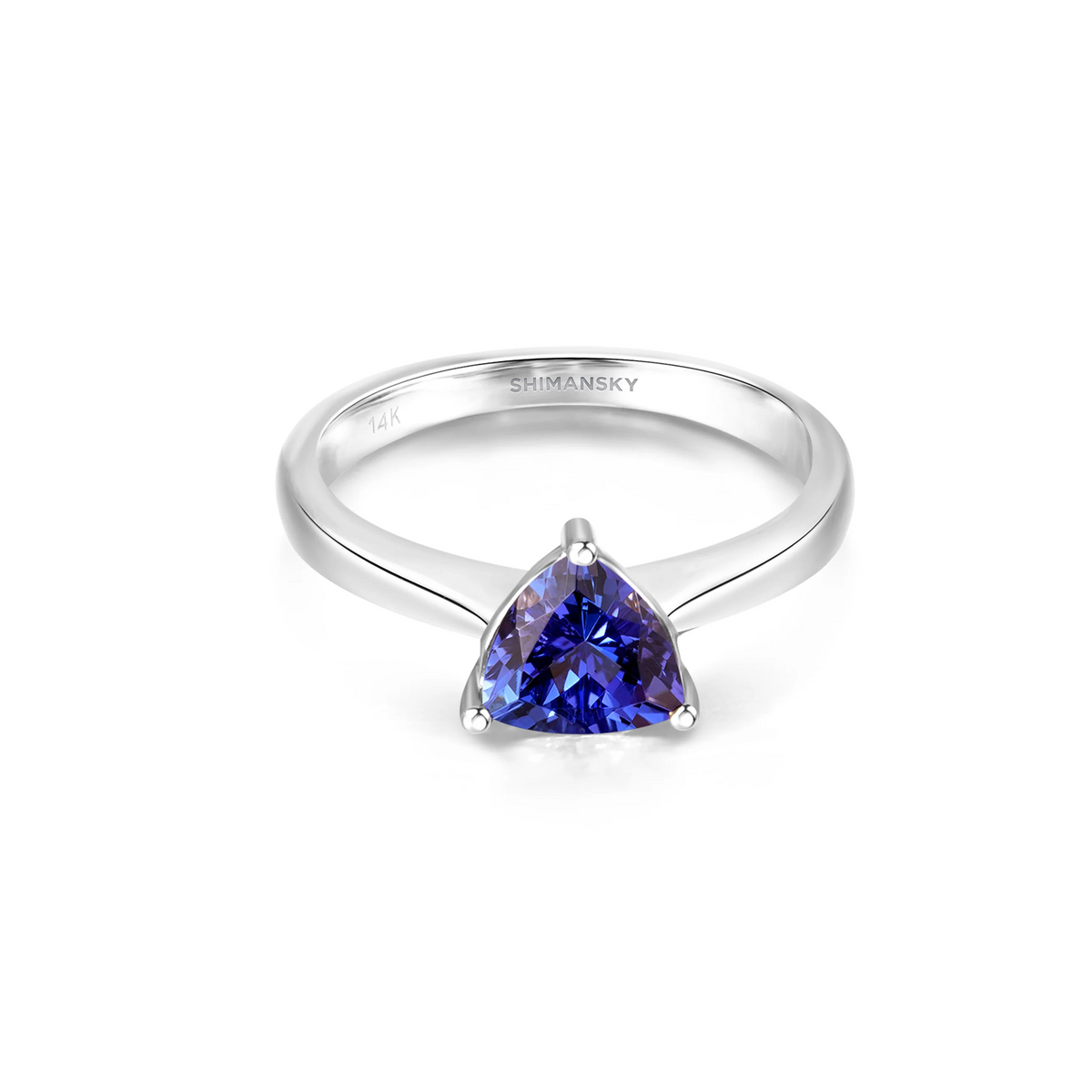 Shimansky 0.9ct Tanzanite Trilliant Solitaire Ring in 14K White Gold Front View